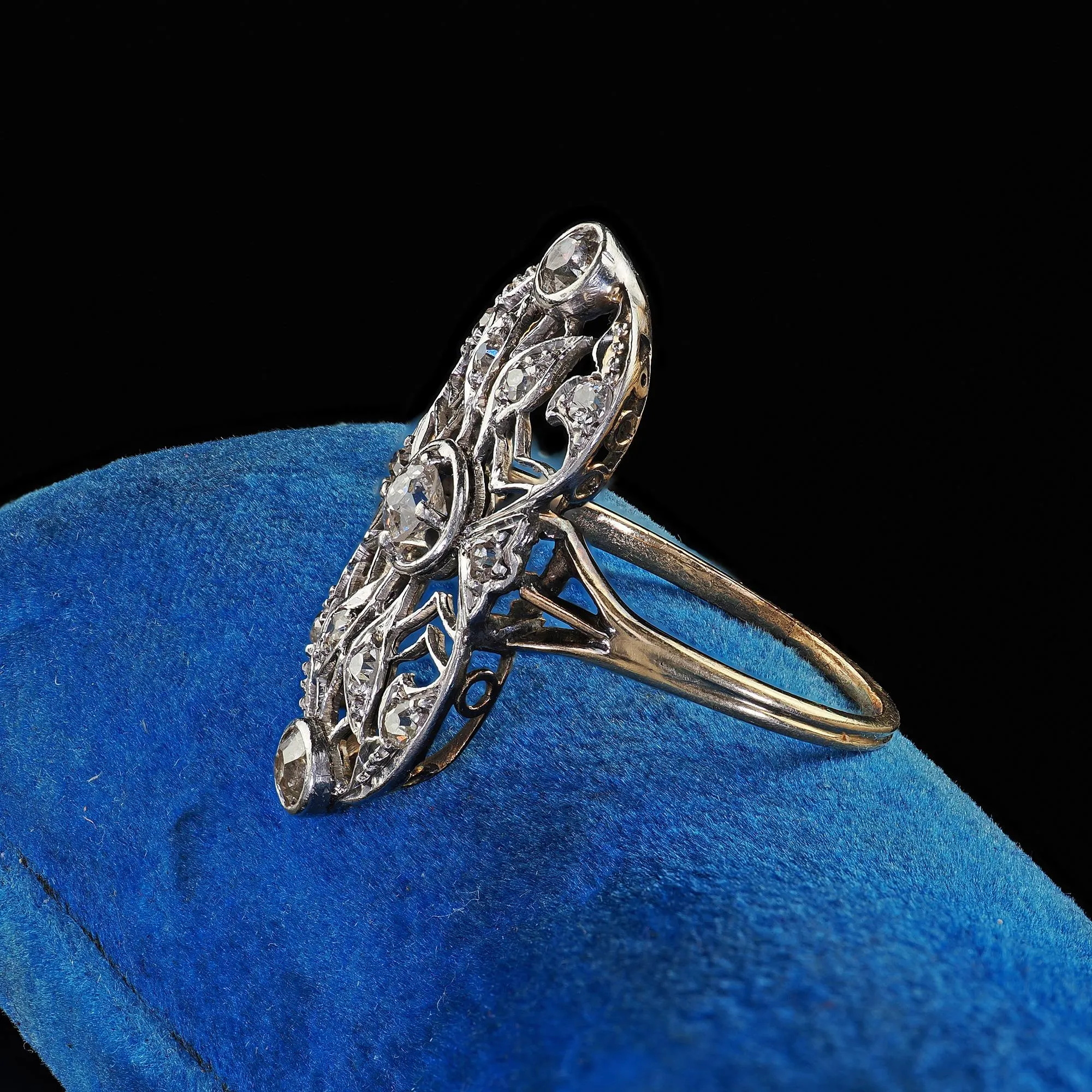 Antique Edwardian 14K Yellow Gold Platinum Old Cut Diamond Shield Ring