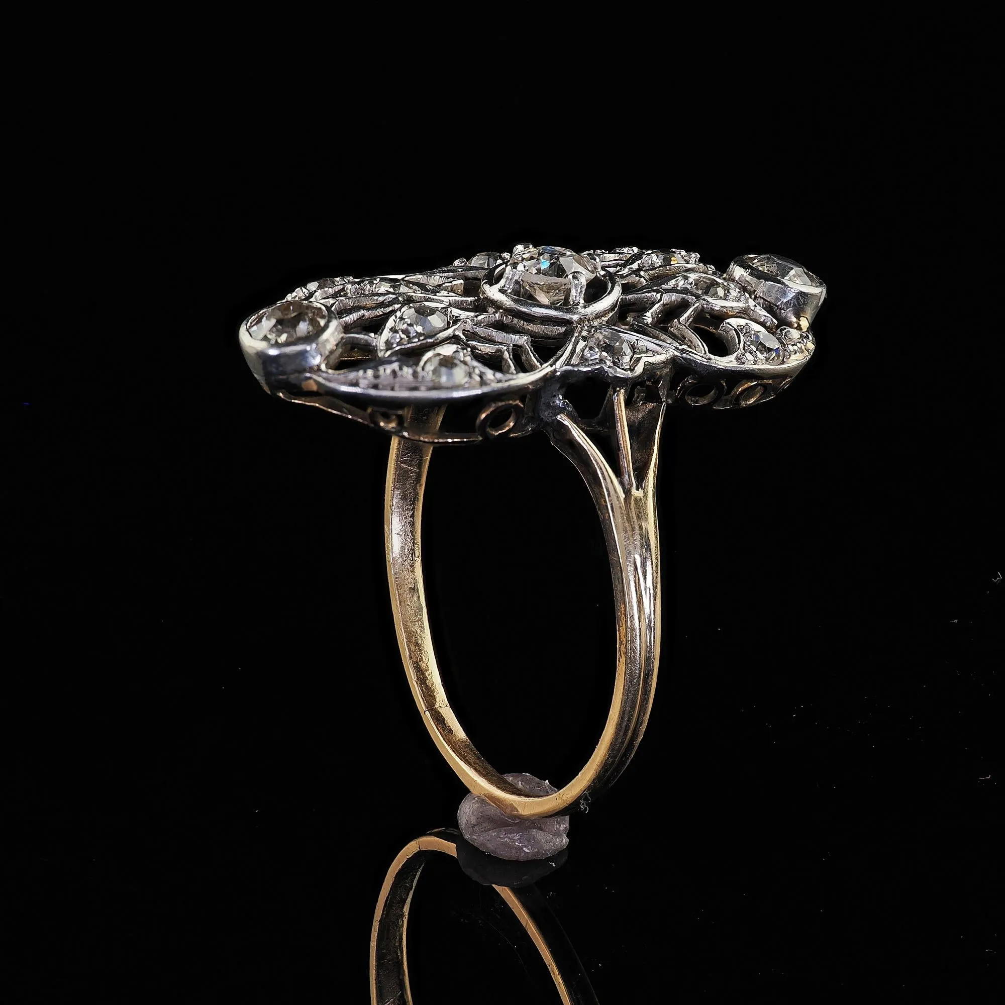 Antique Edwardian 14K Yellow Gold Platinum Old Cut Diamond Shield Ring