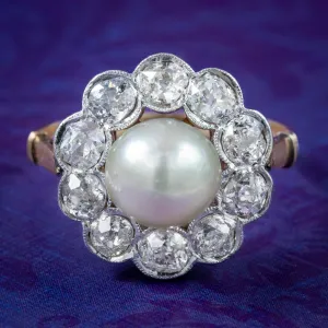 Antique Edwardian Pearl Diamond Daisy Cluster Ring 1.5ct Diamond