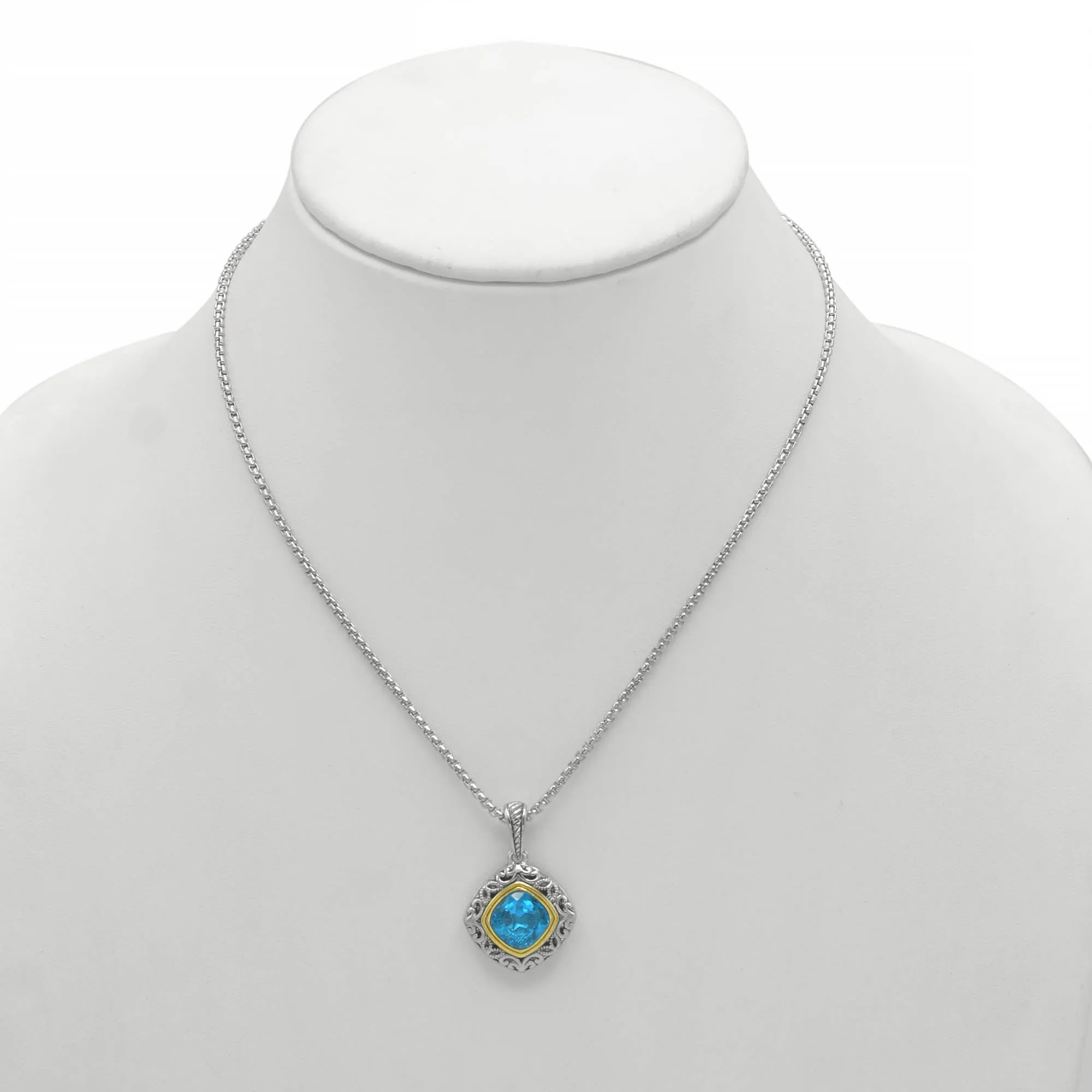 AQUA BLUE CRYSTAL SILVER FILIGREE PENDANT NECKLACE #93061EH-AQ (FD19)