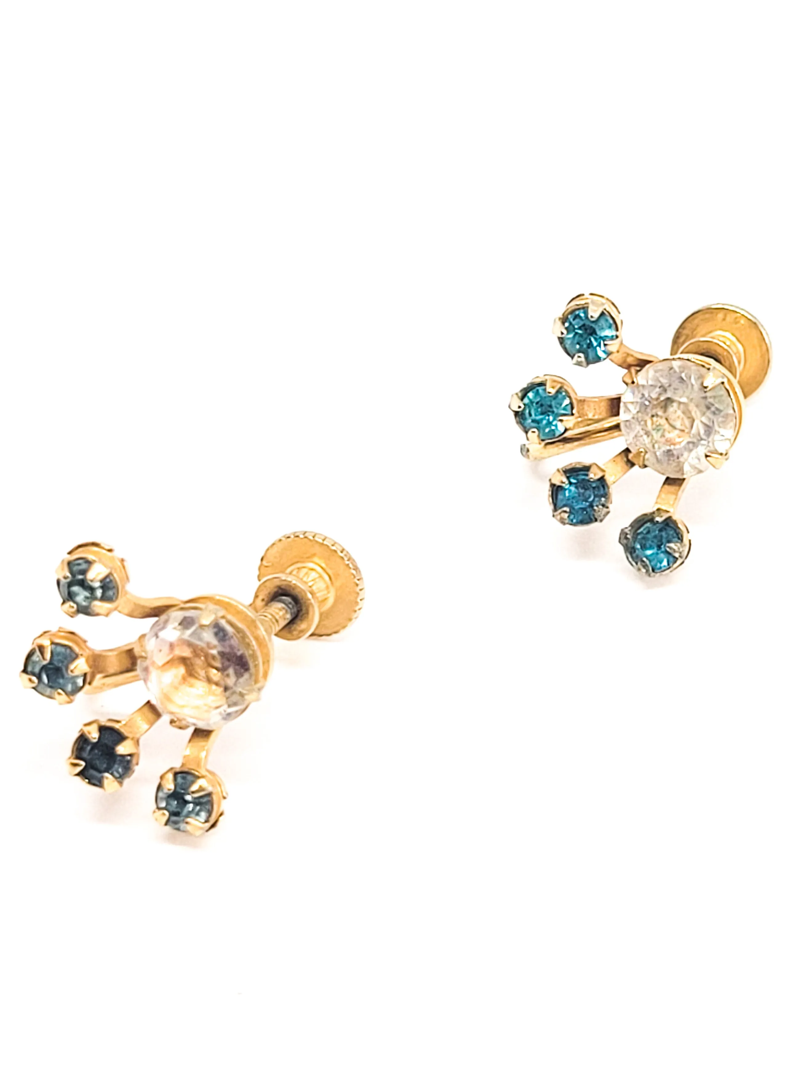 Aqua blue rhinestone atomic vintage gold toned signed vintage screw back earrings