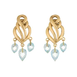 Aquamarine Briolette Drop Earrings Estate 18k Brushed Yellow Gold Fine Jewelry