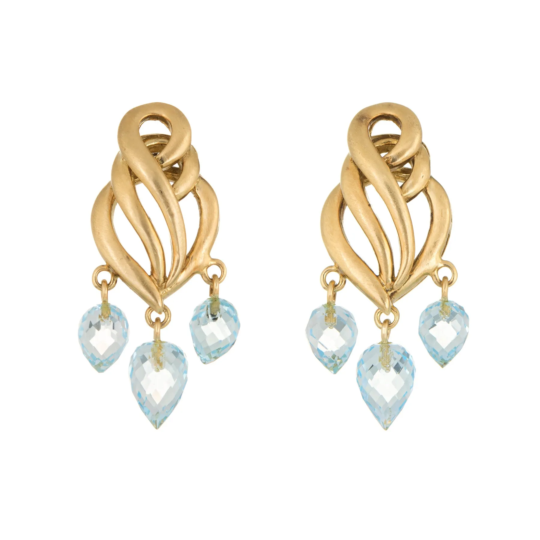 Aquamarine Briolette Drop Earrings Estate 18k Brushed Yellow Gold Fine Jewelry