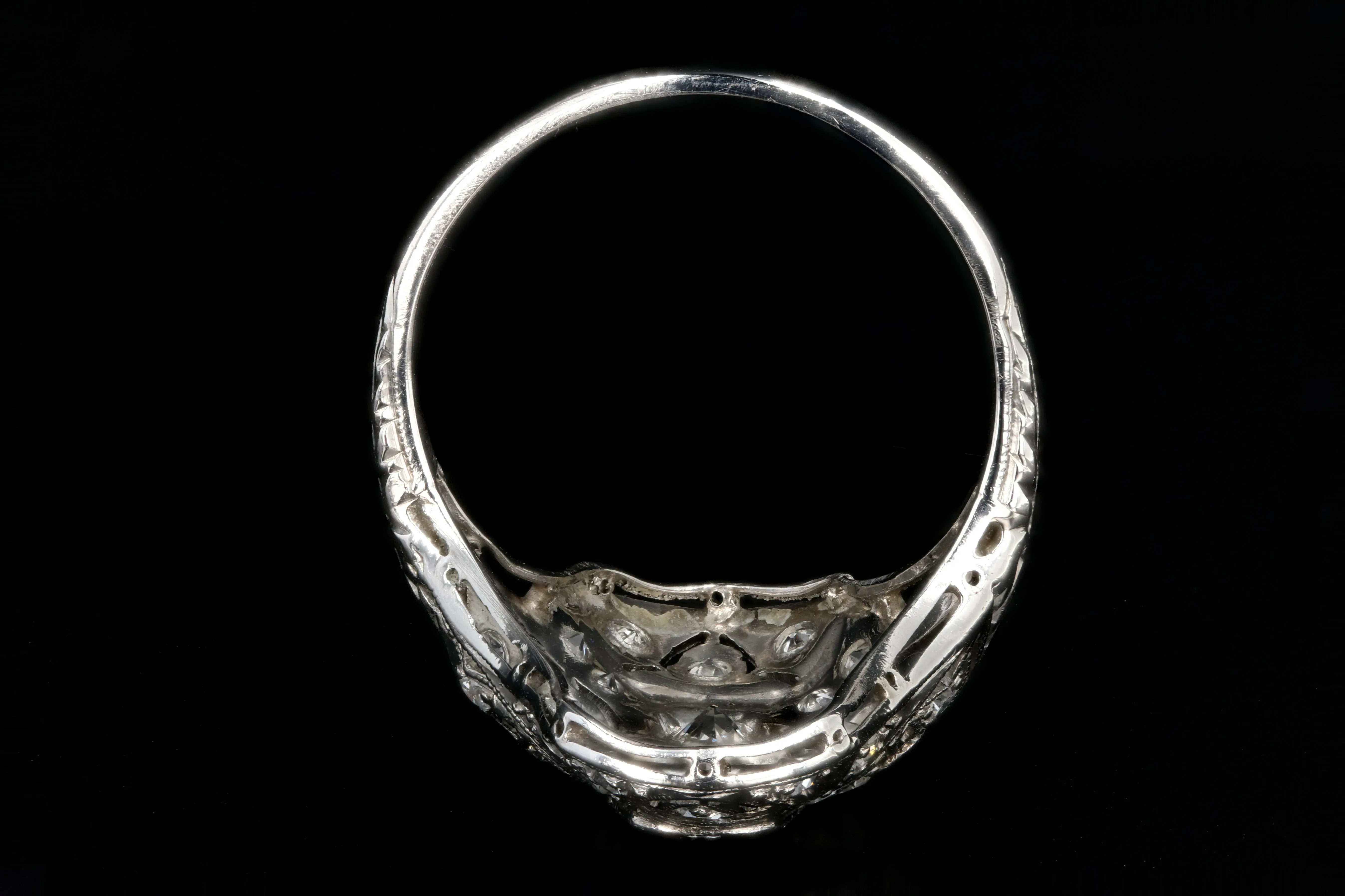 Art Deco Platinum .9 Carat Old European Cut Diamond and Sapphire Shield Style Ring