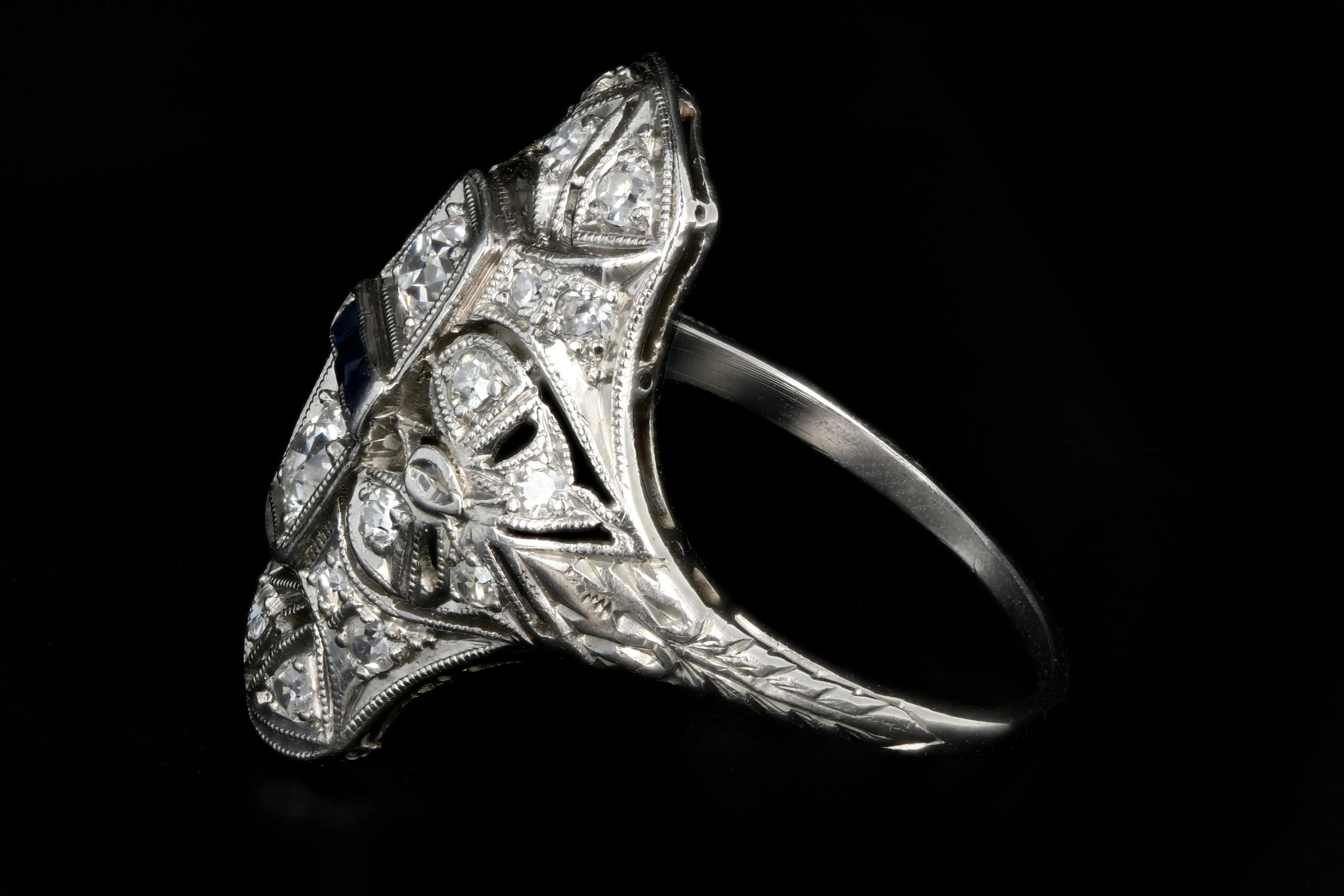 Art Deco Platinum .9 Carat Old European Cut Diamond and Sapphire Shield Style Ring