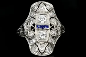 Art Deco Platinum .9 Carat Old European Cut Diamond and Sapphire Shield Style Ring