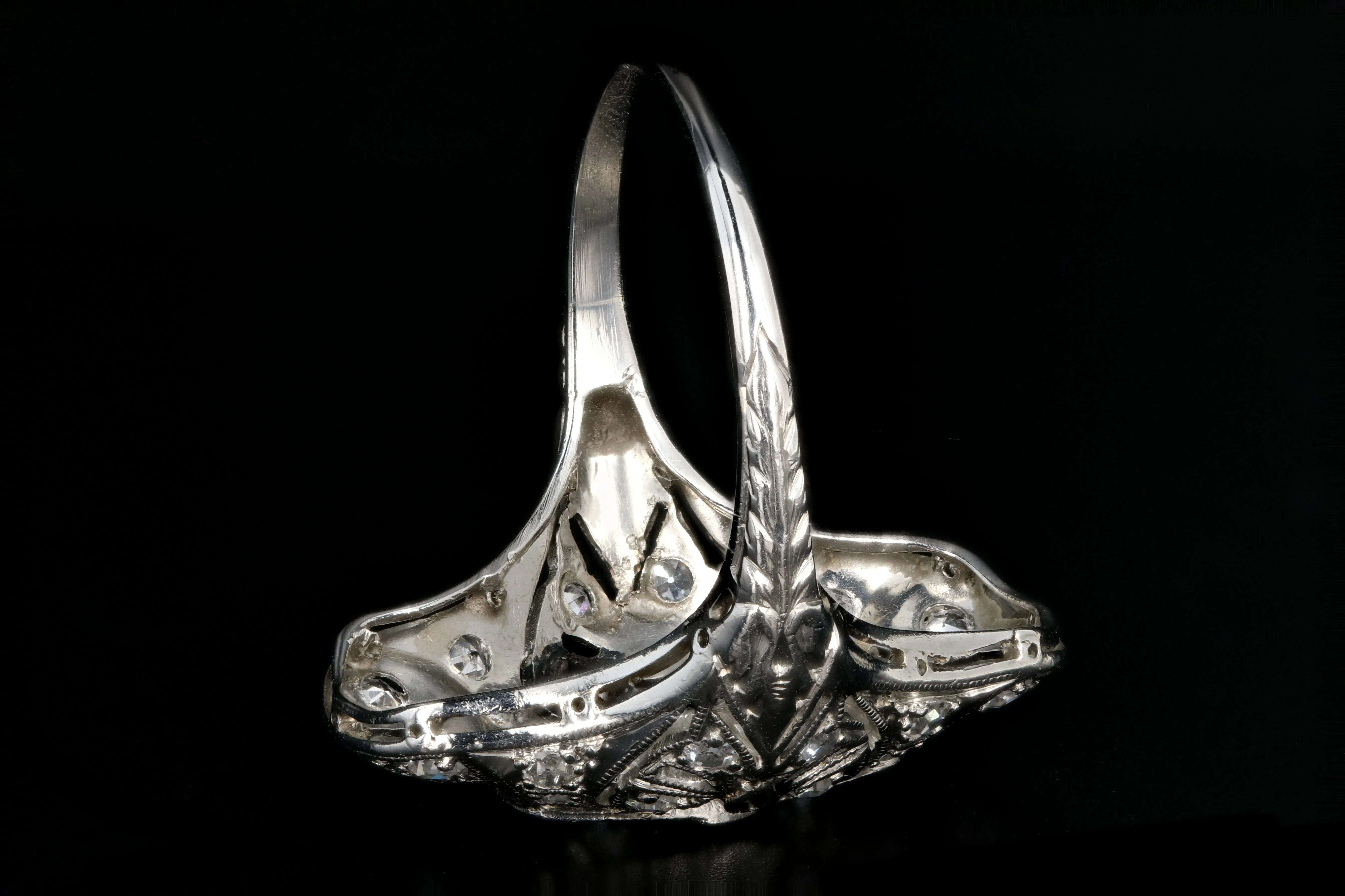Art Deco Platinum .9 Carat Old European Cut Diamond and Sapphire Shield Style Ring