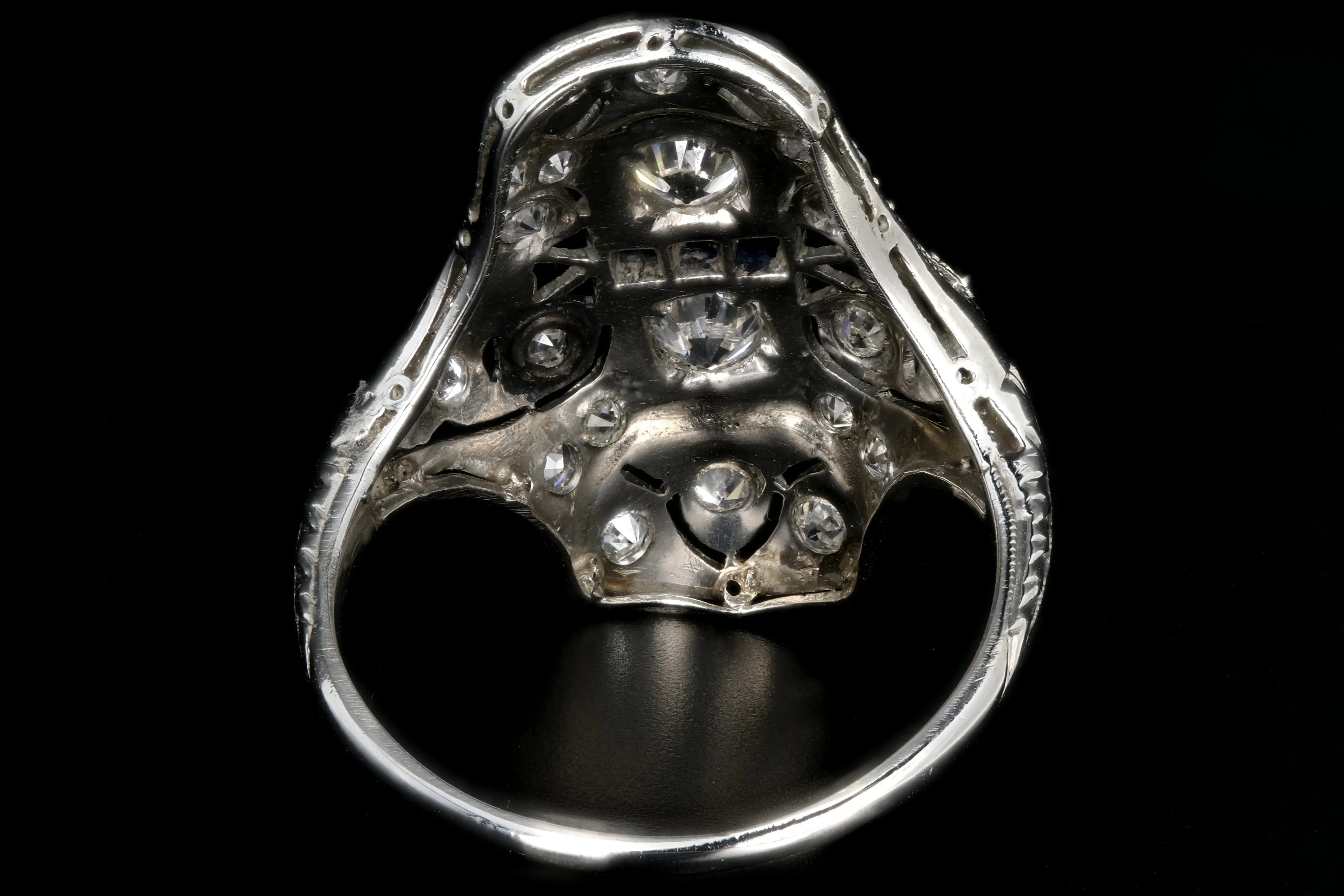 Art Deco Platinum .9 Carat Old European Cut Diamond and Sapphire Shield Style Ring