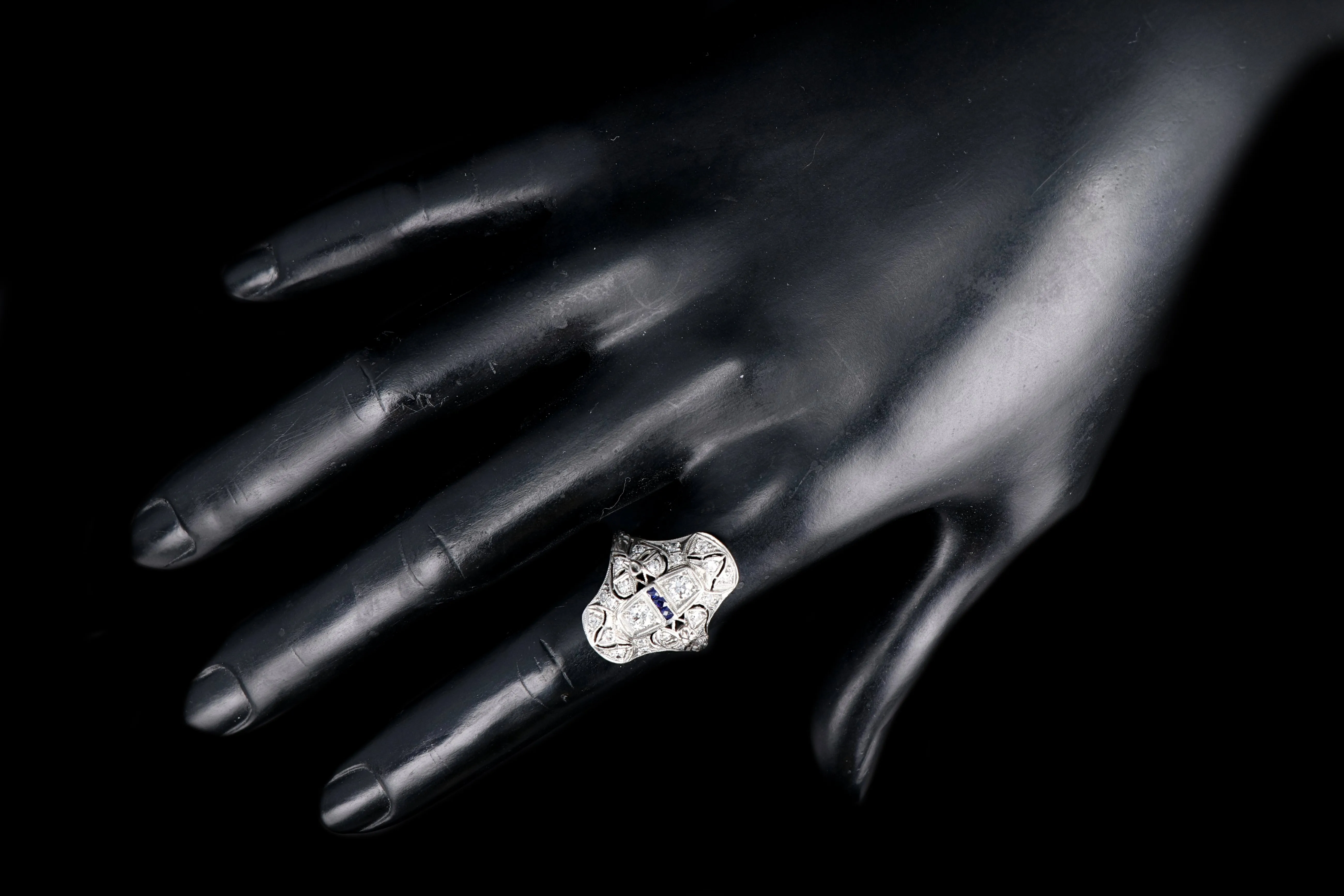 Art Deco Platinum .9 Carat Old European Cut Diamond and Sapphire Shield Style Ring