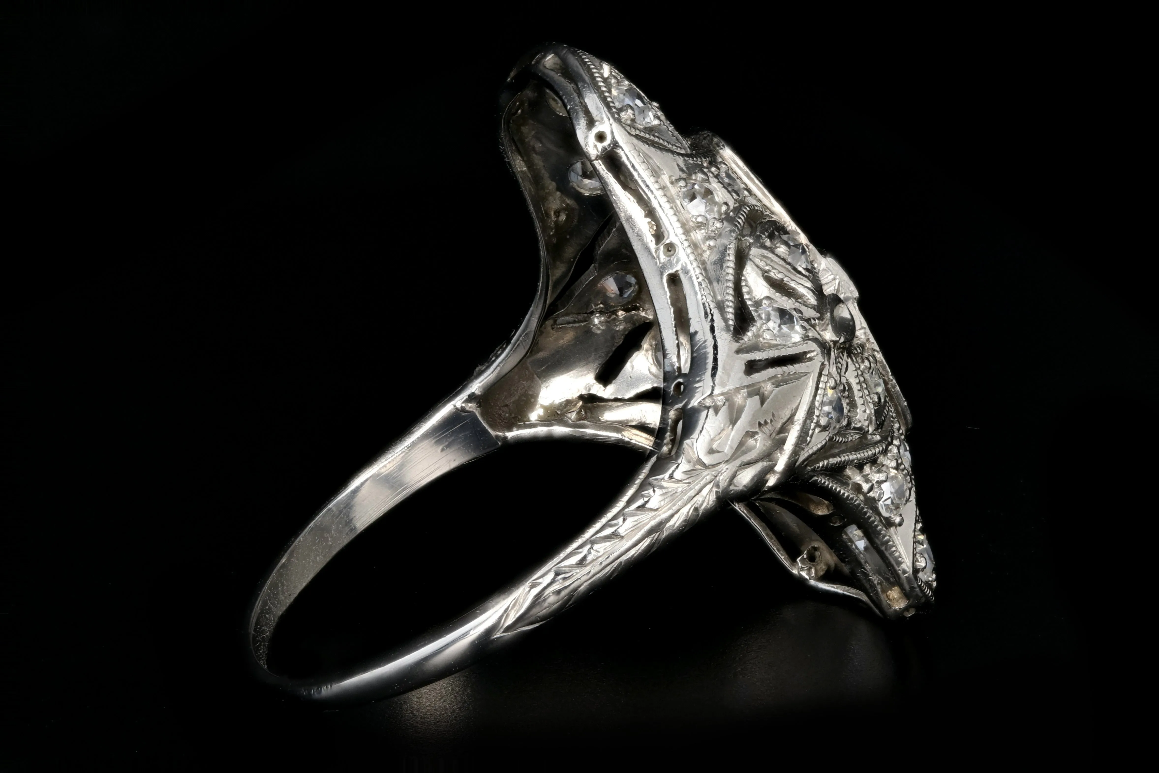 Art Deco Platinum .9 Carat Old European Cut Diamond and Sapphire Shield Style Ring