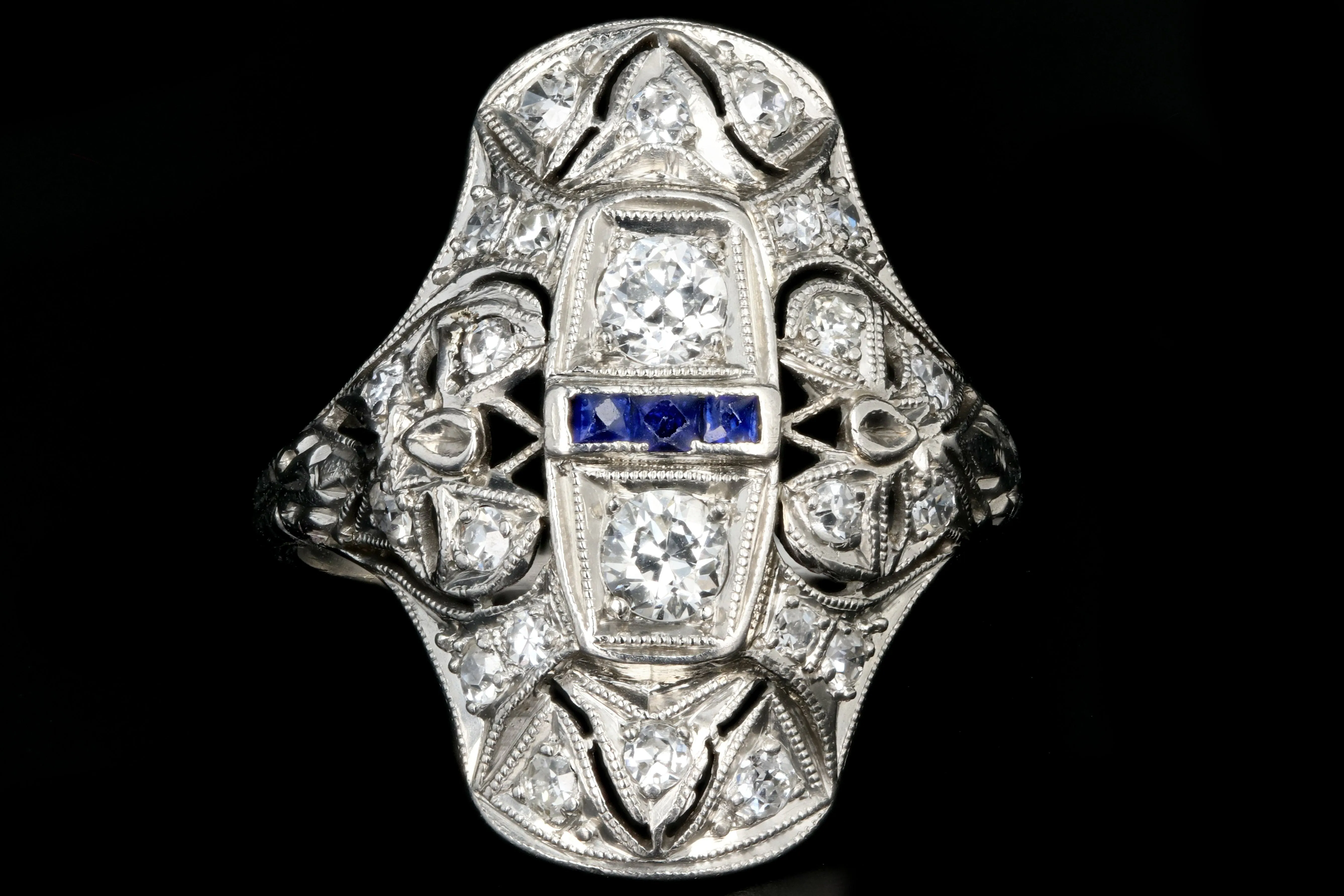 Art Deco Platinum .9 Carat Old European Cut Diamond and Sapphire Shield Style Ring