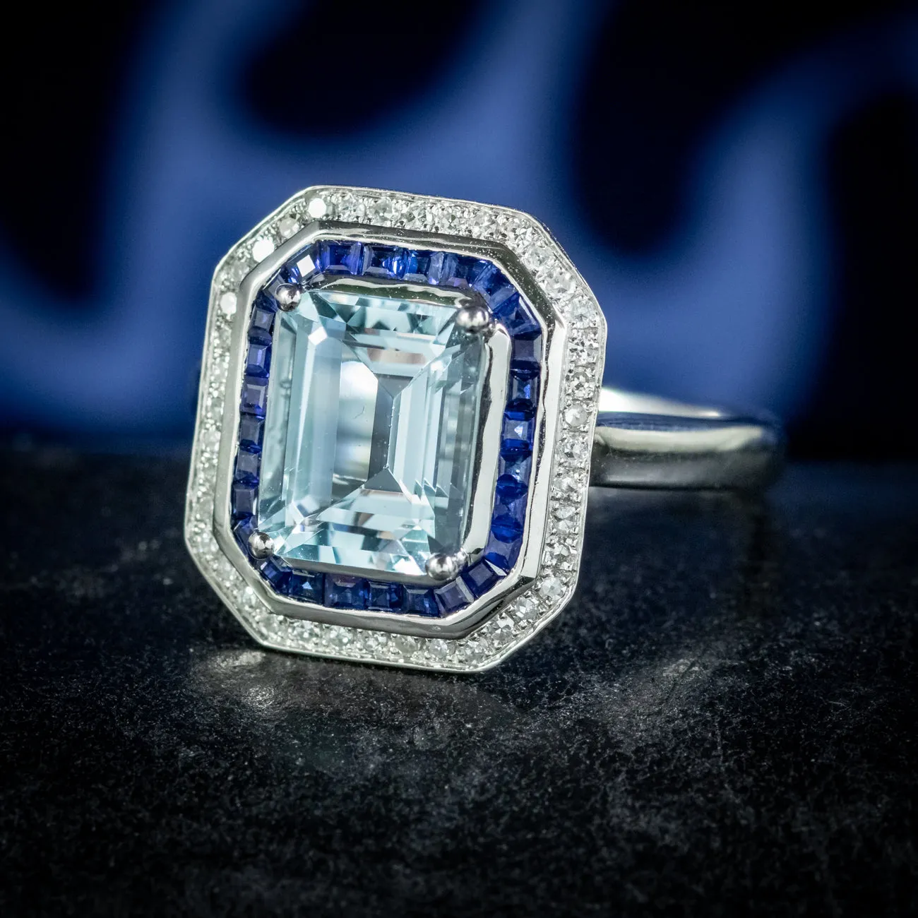 Art Deco Style Aquamarine Sapphire Diamond Ring 3.5ct Aqua