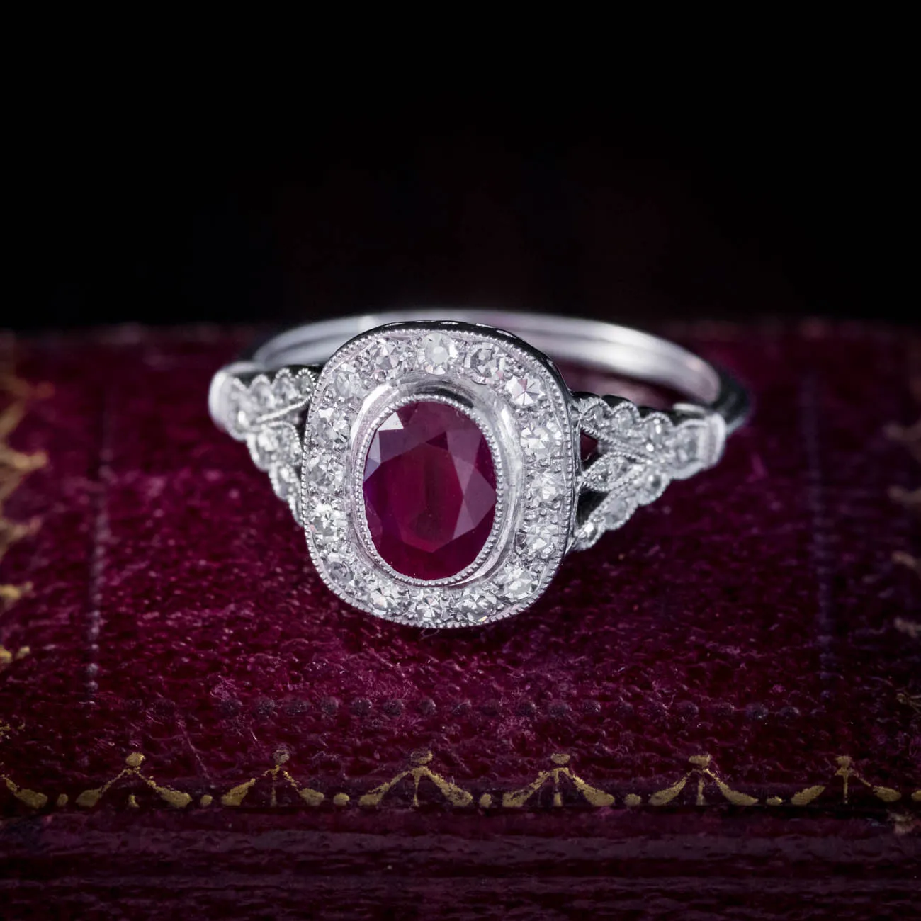 Art Deco Style Ruby Diamond Cluster Engagement Ring Platinum 0.80Ct Ruby 1Ct Diamond