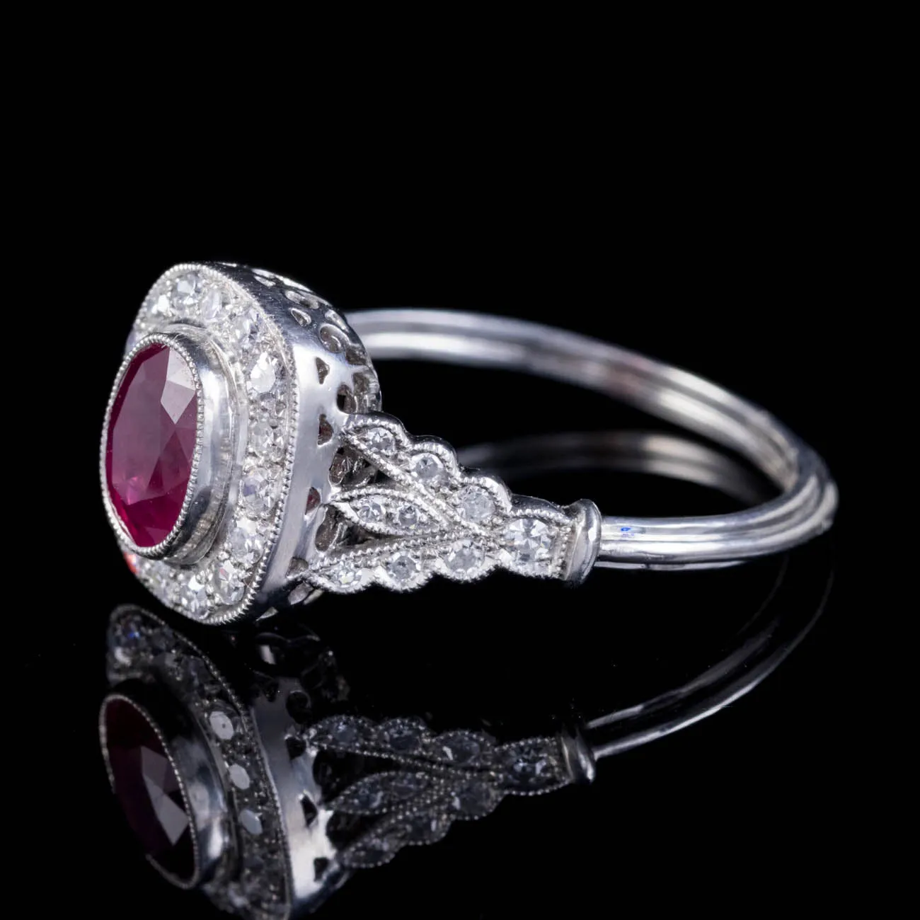 Art Deco Style Ruby Diamond Cluster Engagement Ring Platinum 0.80Ct Ruby 1Ct Diamond