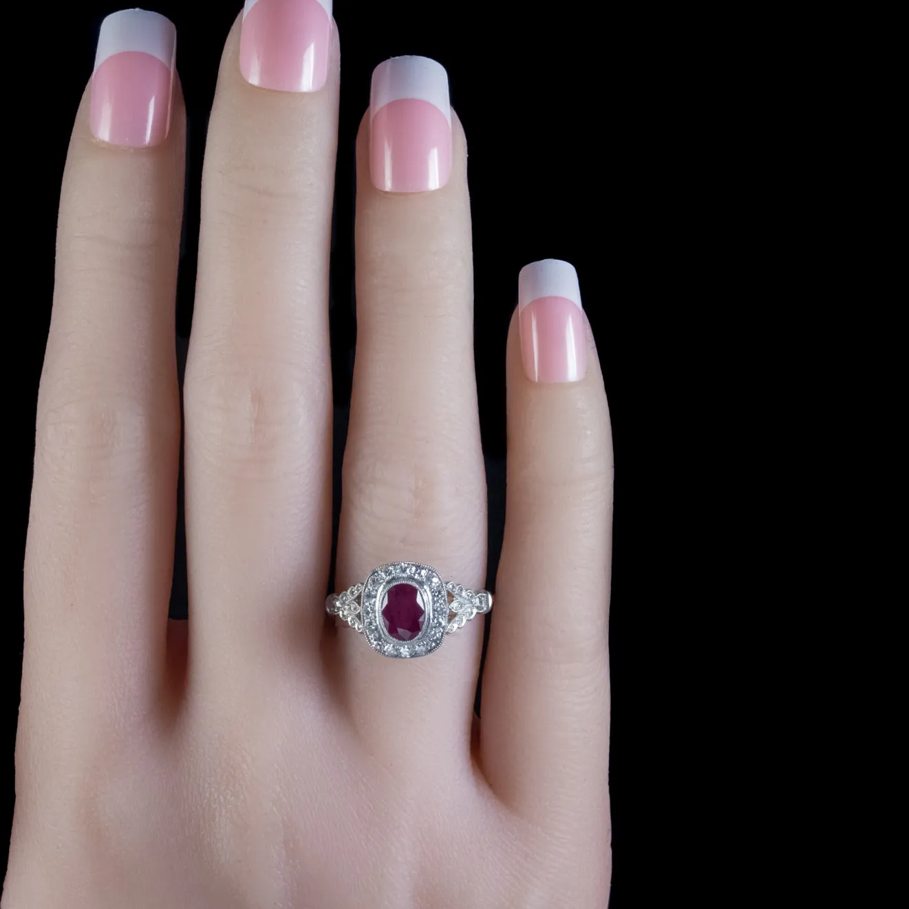 Art Deco Style Ruby Diamond Cluster Engagement Ring Platinum 0.80Ct Ruby 1Ct Diamond