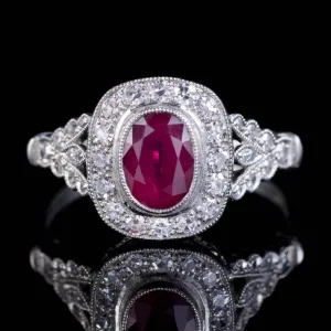 Art Deco Style Ruby Diamond Cluster Engagement Ring Platinum 0.80Ct Ruby 1Ct Diamond