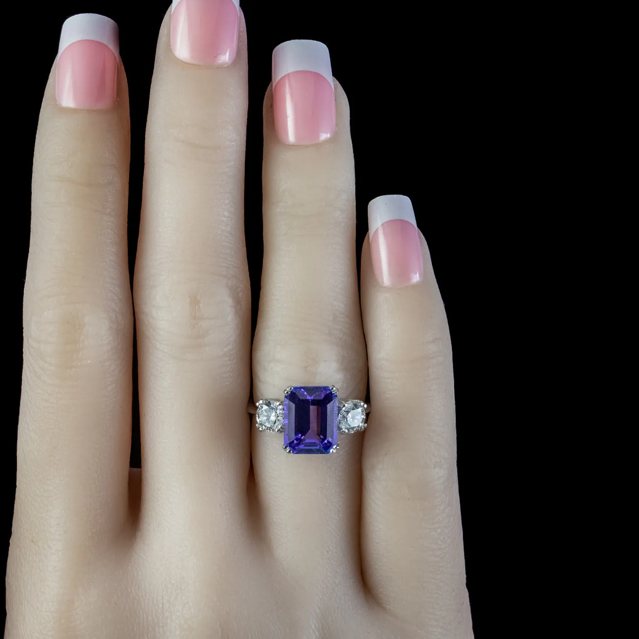 Art Deco Style Tanzanite Diamond Trilogy Ring 4.45ct Tanzanite