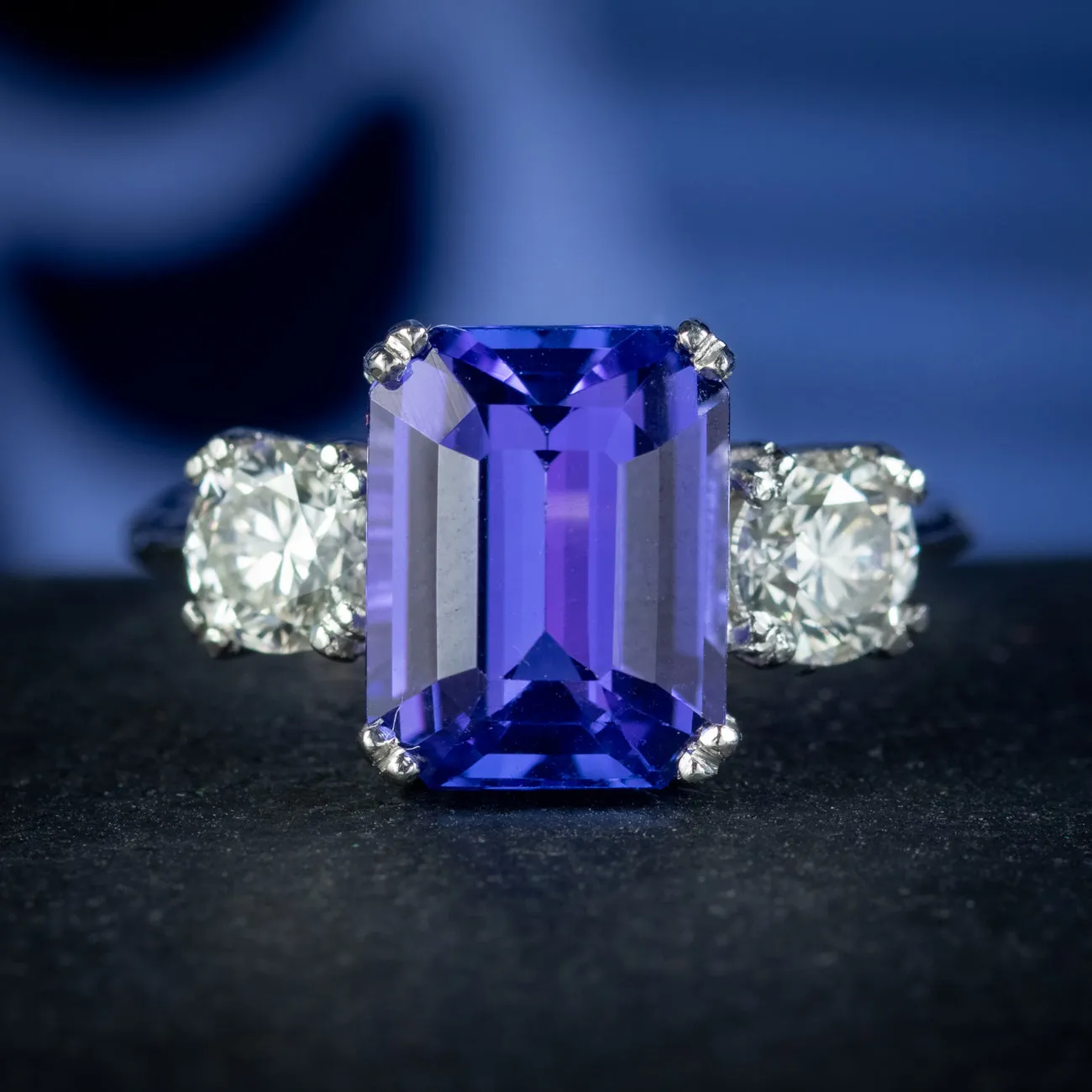 Art Deco Style Tanzanite Diamond Trilogy Ring 4.45ct Tanzanite