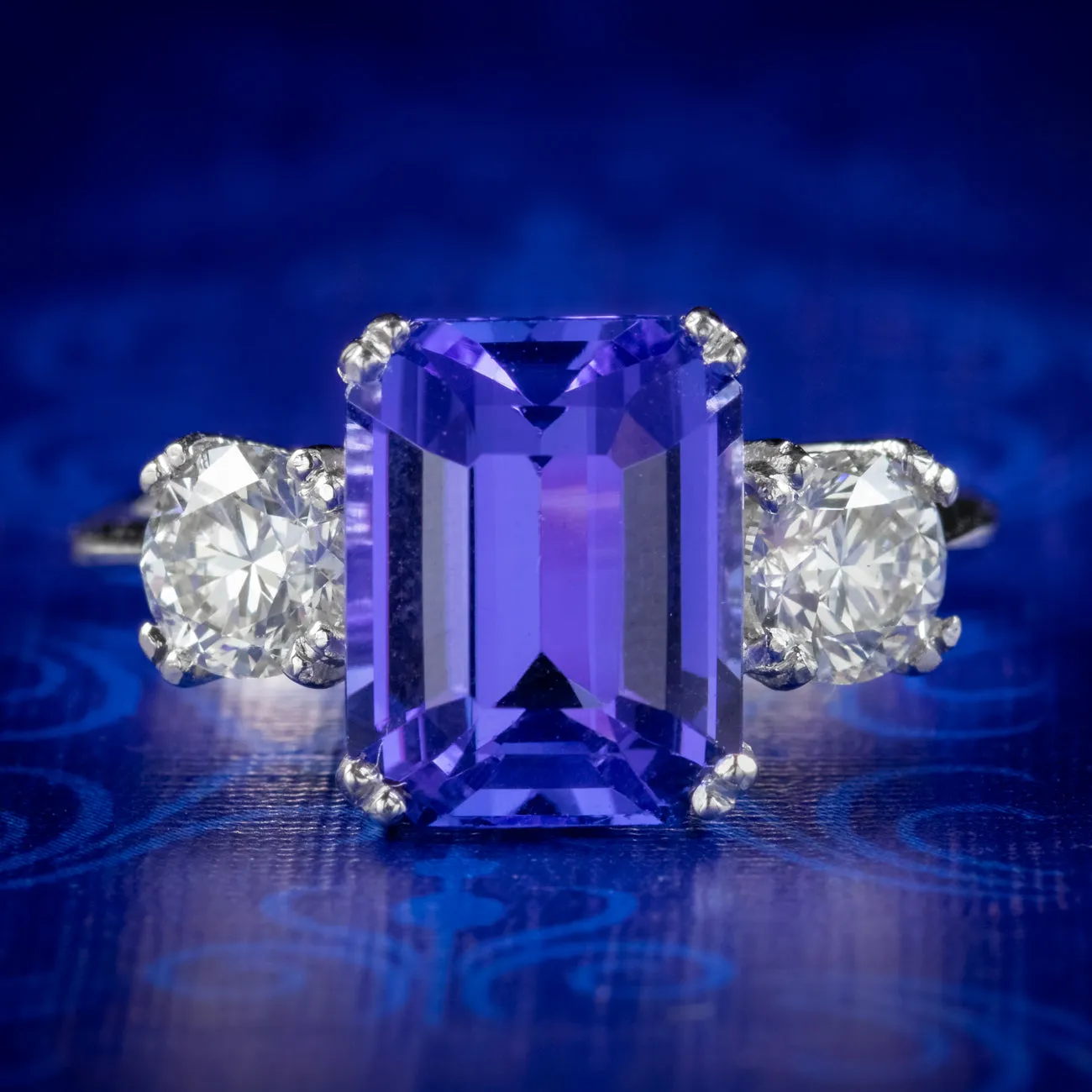 Art Deco Style Tanzanite Diamond Trilogy Ring 4.45ct Tanzanite