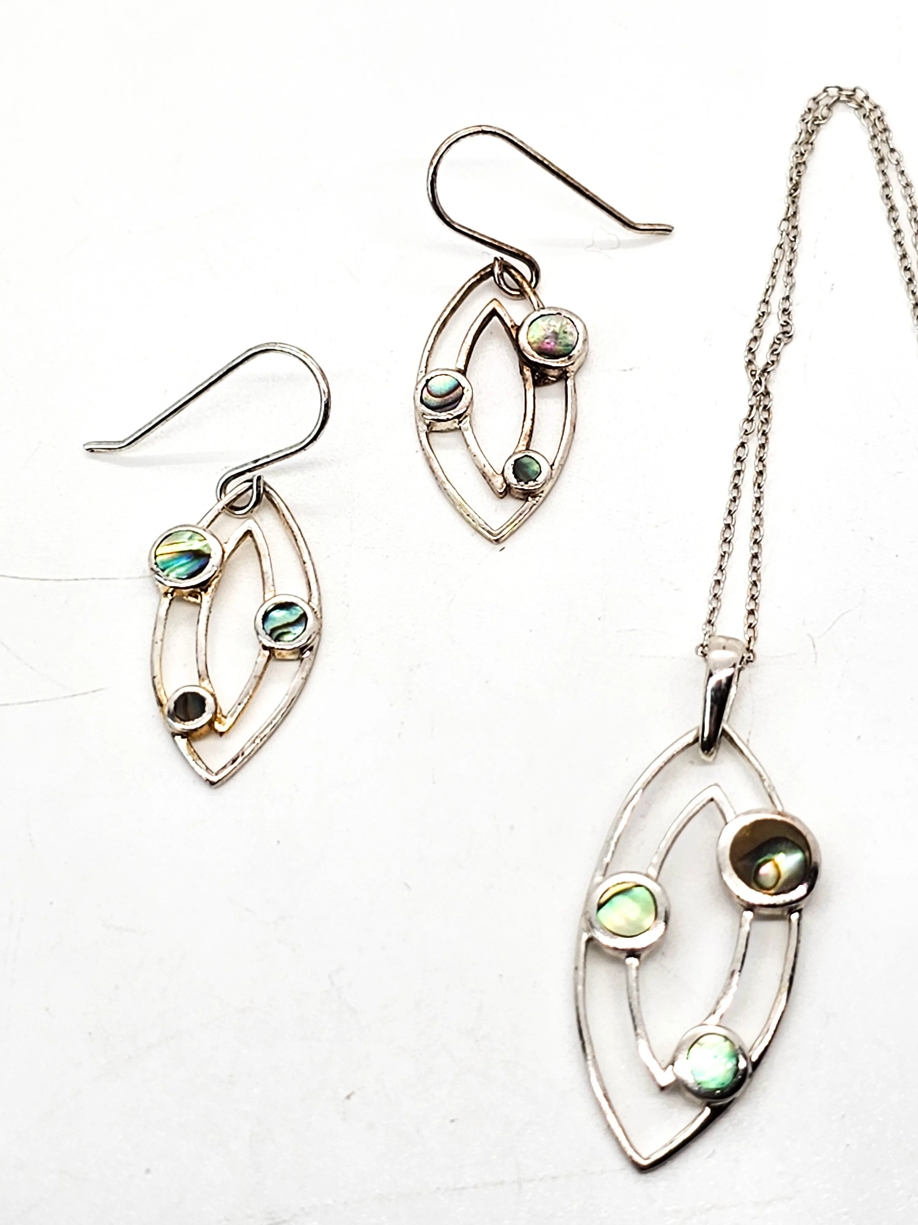 Atomic Abalone sterling silver vintage necklace and earrings set signed SU