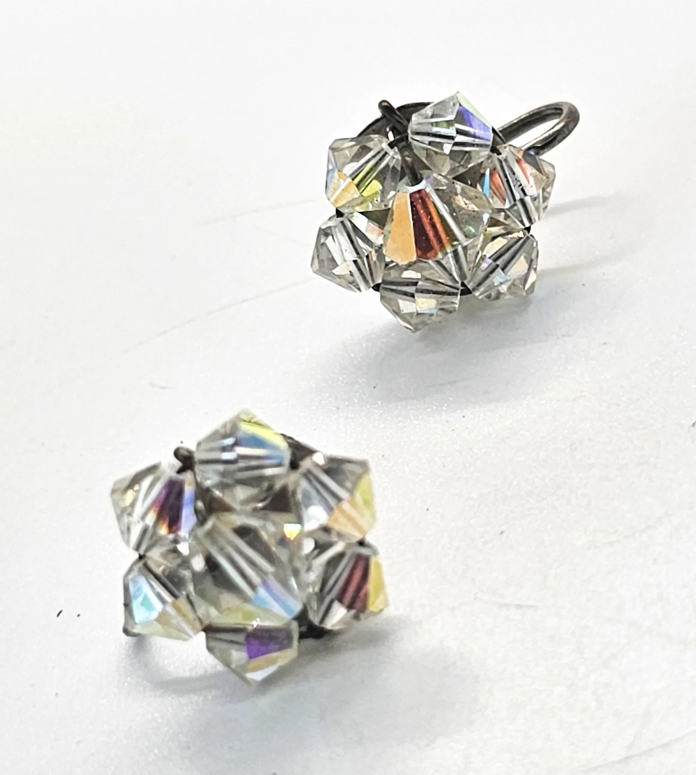Austrian Crystal Aurora borealis small beaded vintage cluster screw back earrings