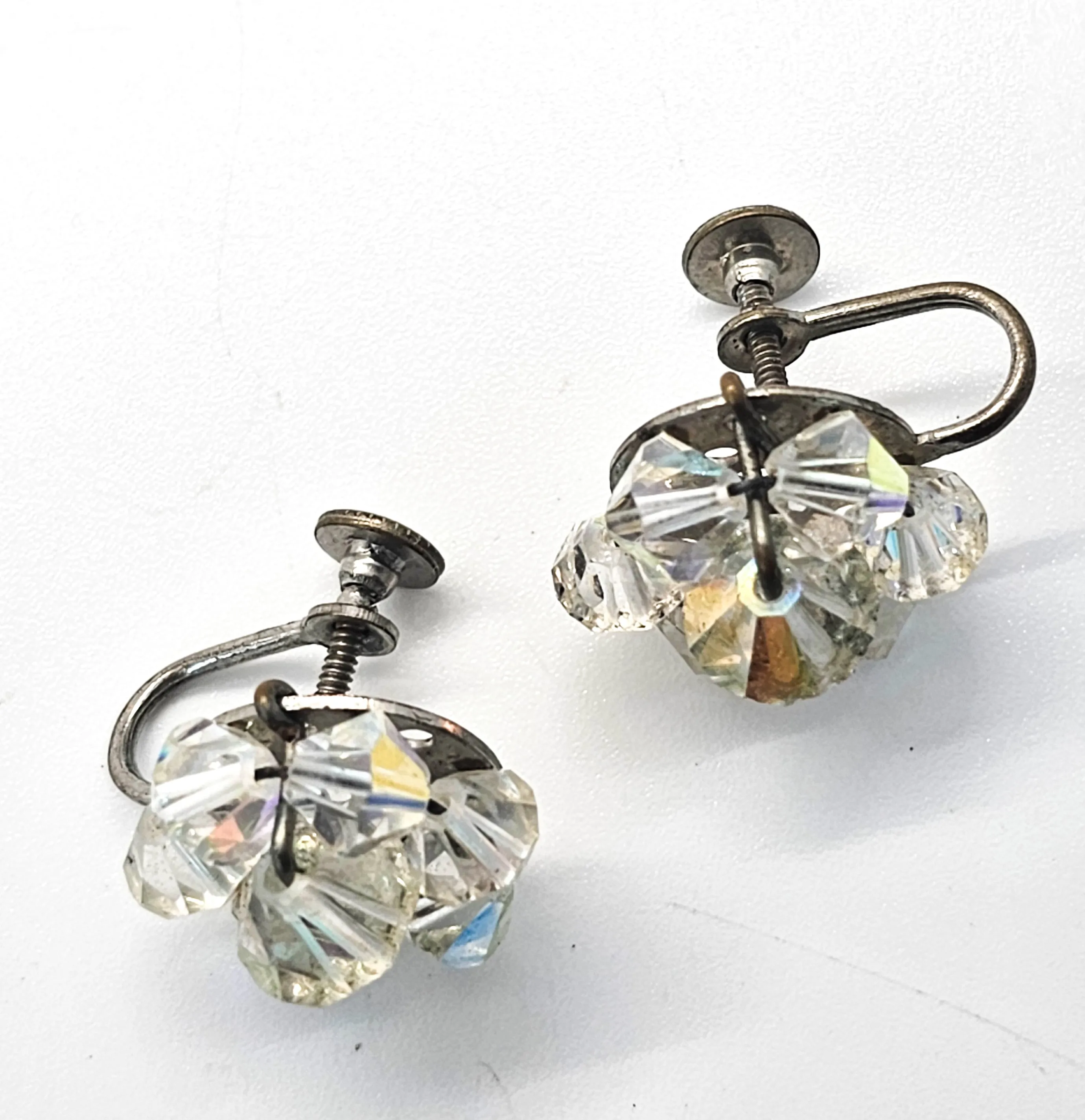 Austrian Crystal Aurora borealis small beaded vintage cluster screw back earrings