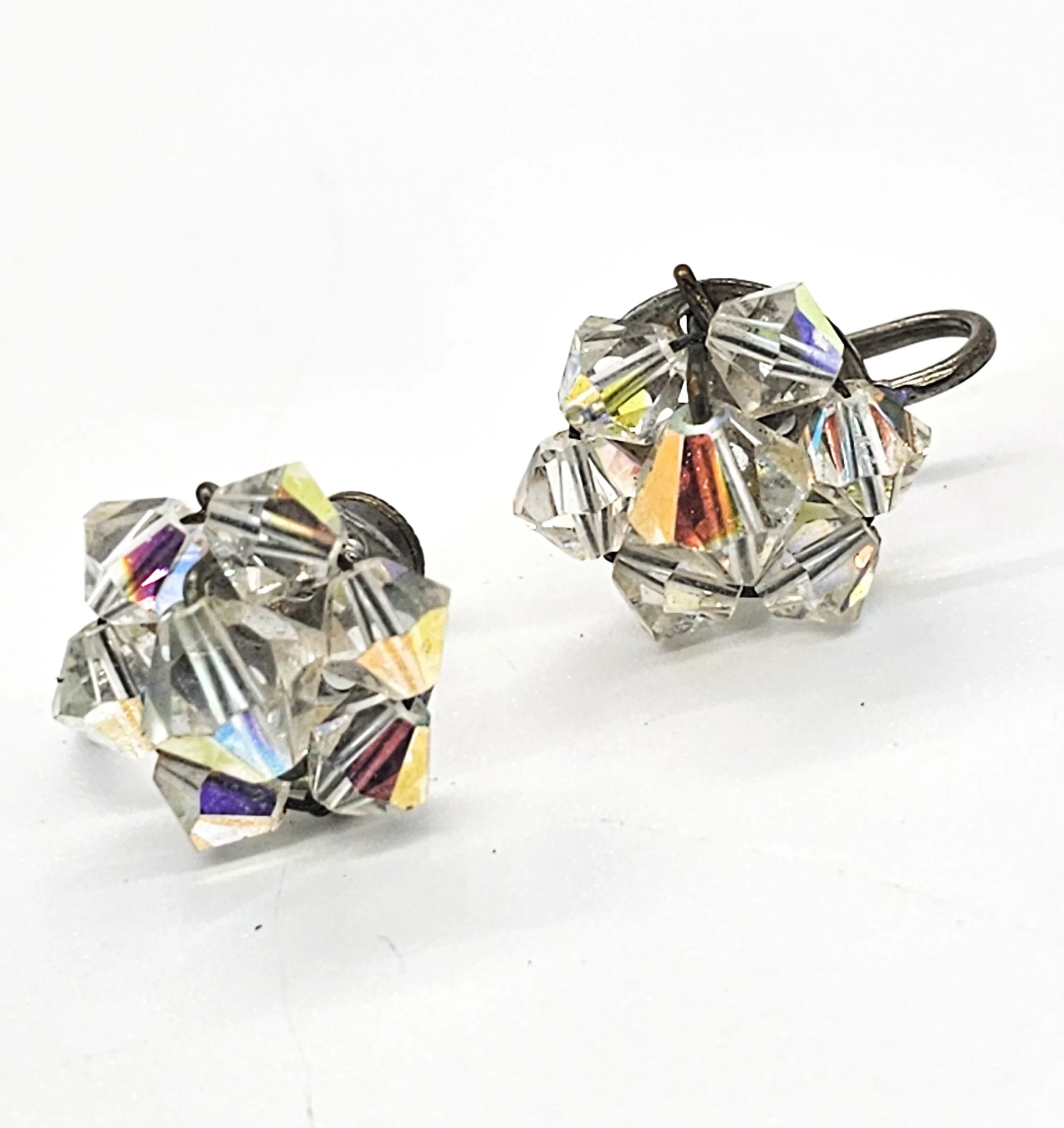 Austrian Crystal Aurora borealis small beaded vintage cluster screw back earrings