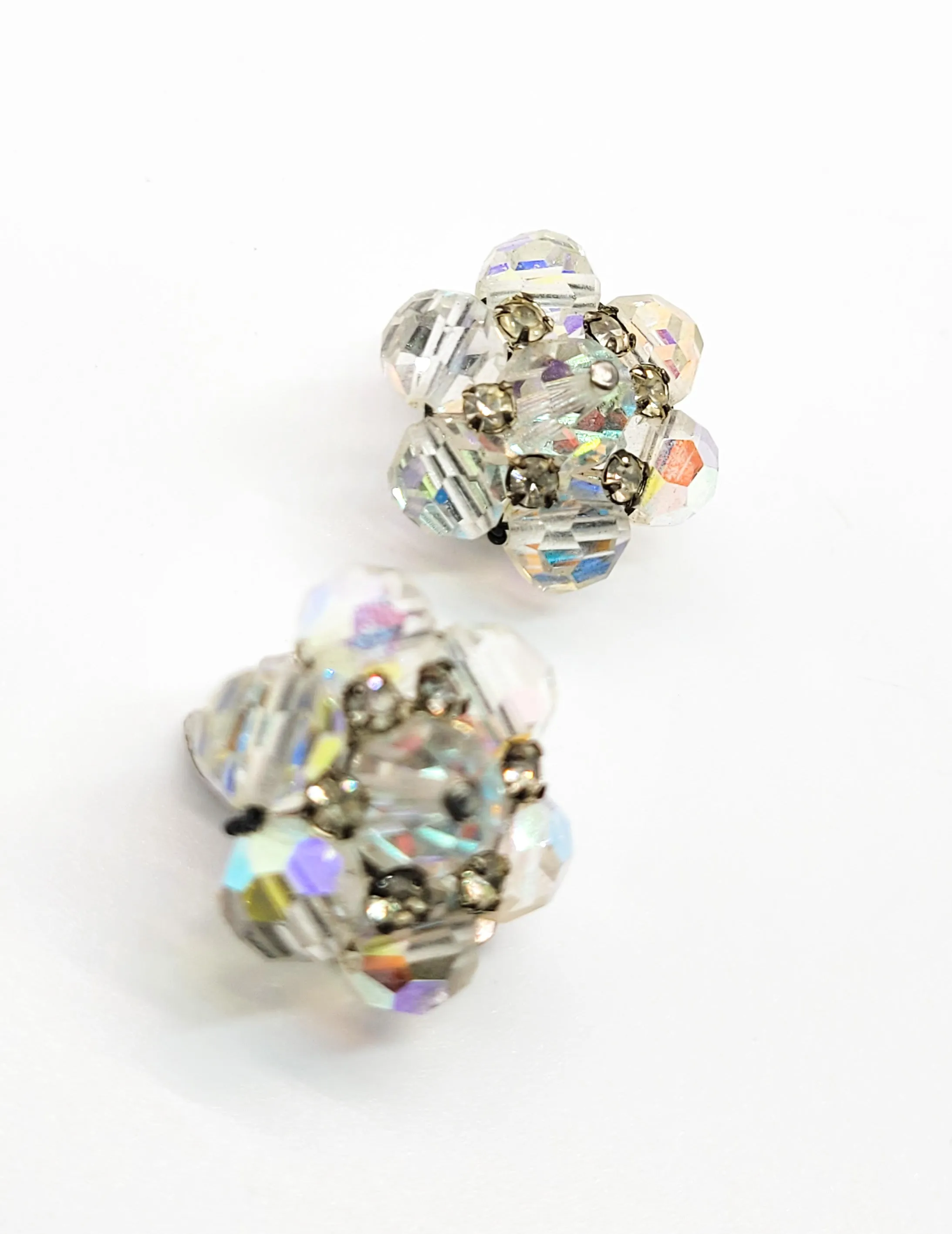 Austrian crystal rhinestone flower Aurora borealis AB cluster clip on vintage earrings