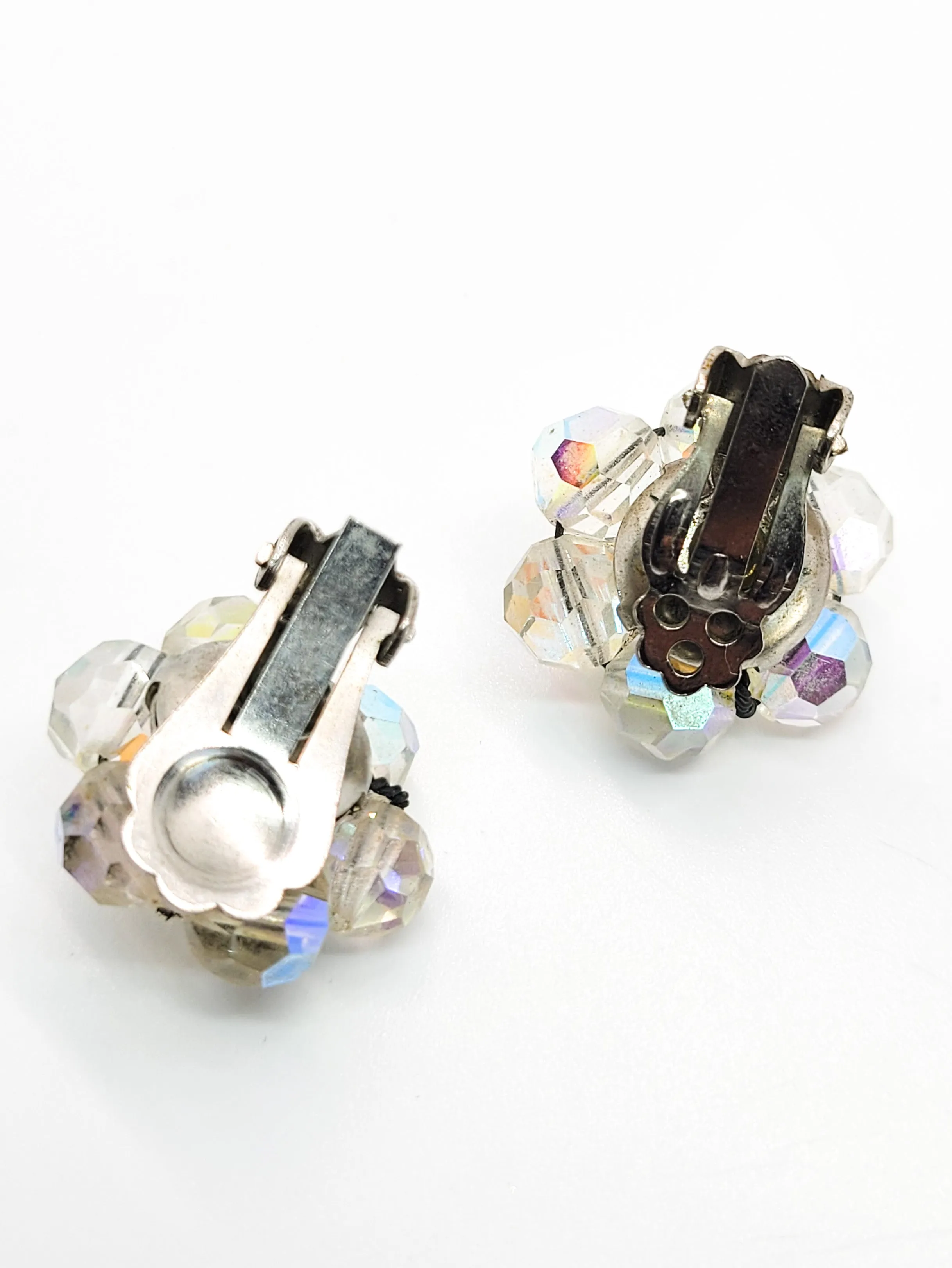 Austrian crystal rhinestone flower Aurora borealis AB cluster clip on vintage earrings