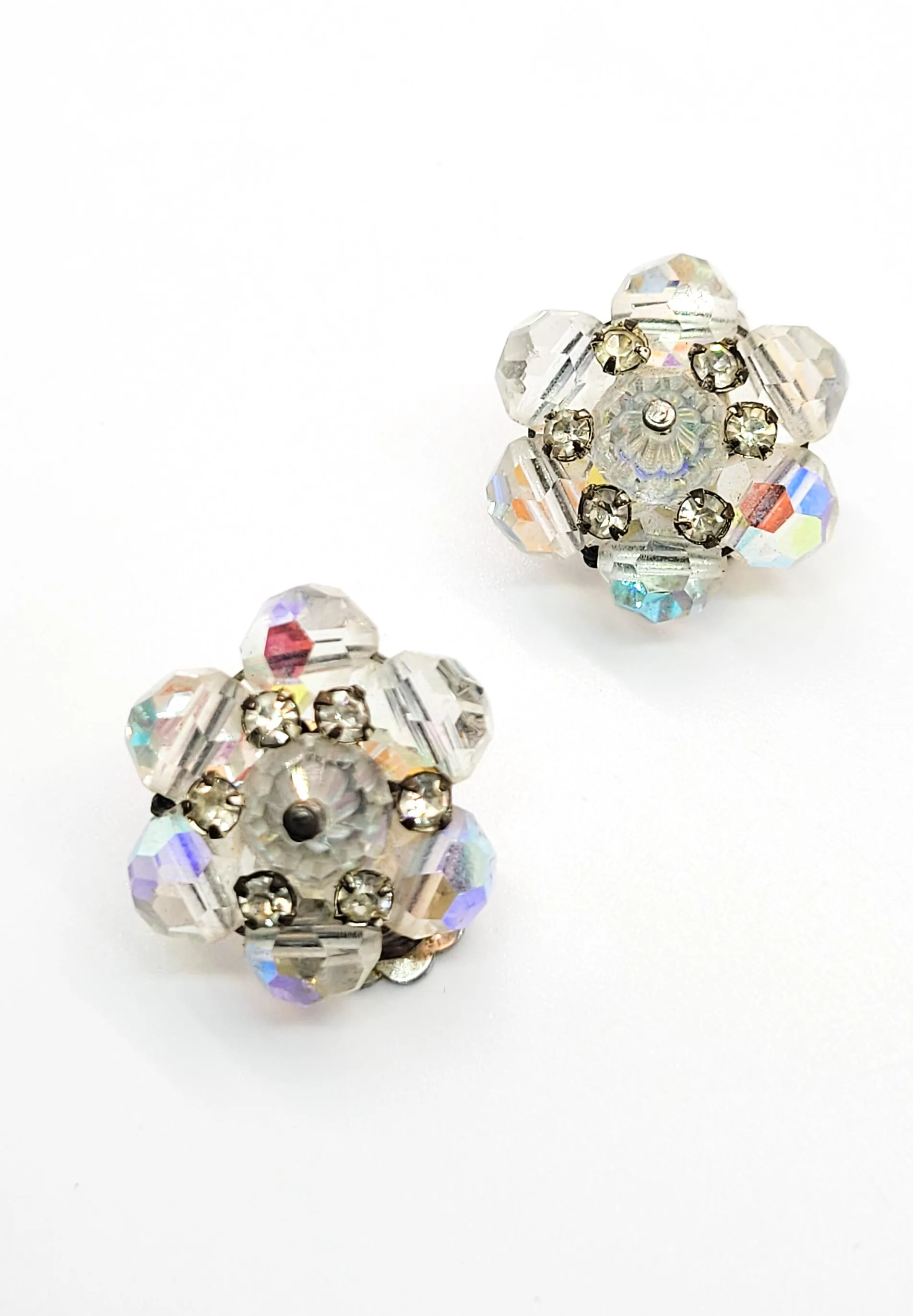 Austrian crystal rhinestone flower Aurora borealis AB cluster clip on vintage earrings