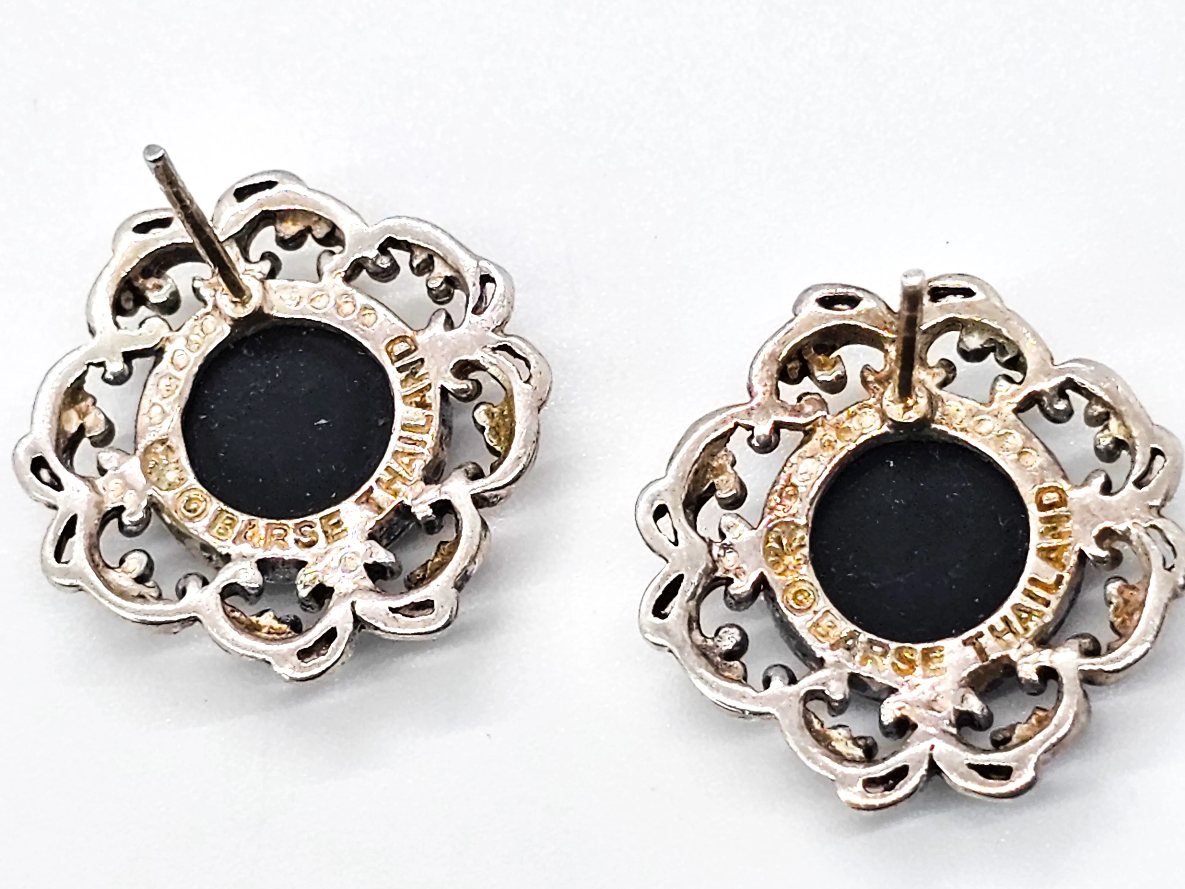 Barse signed faceted onyx and brass silver toned stud filigree earrings