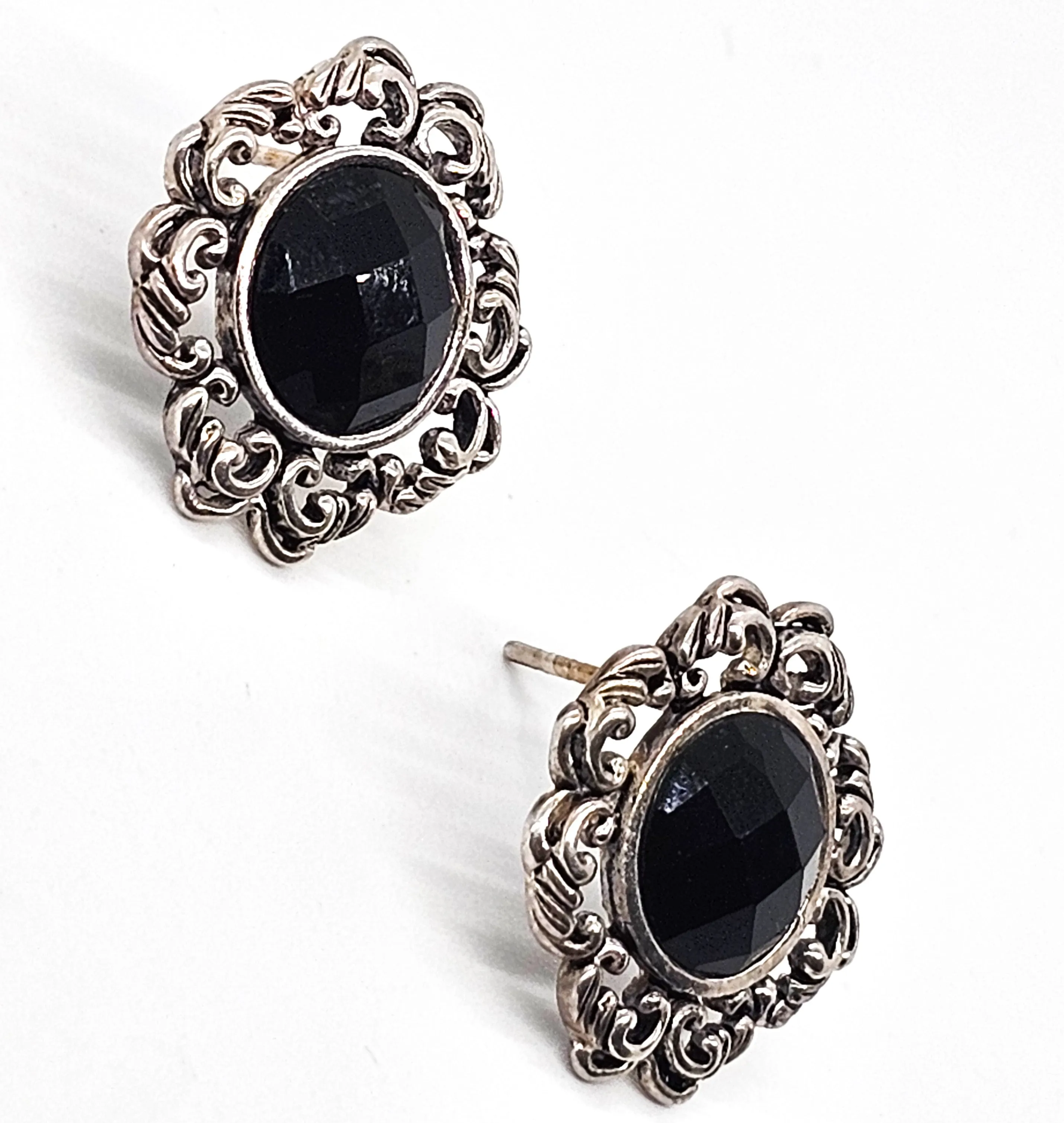 Barse signed faceted onyx and brass silver toned stud filigree earrings