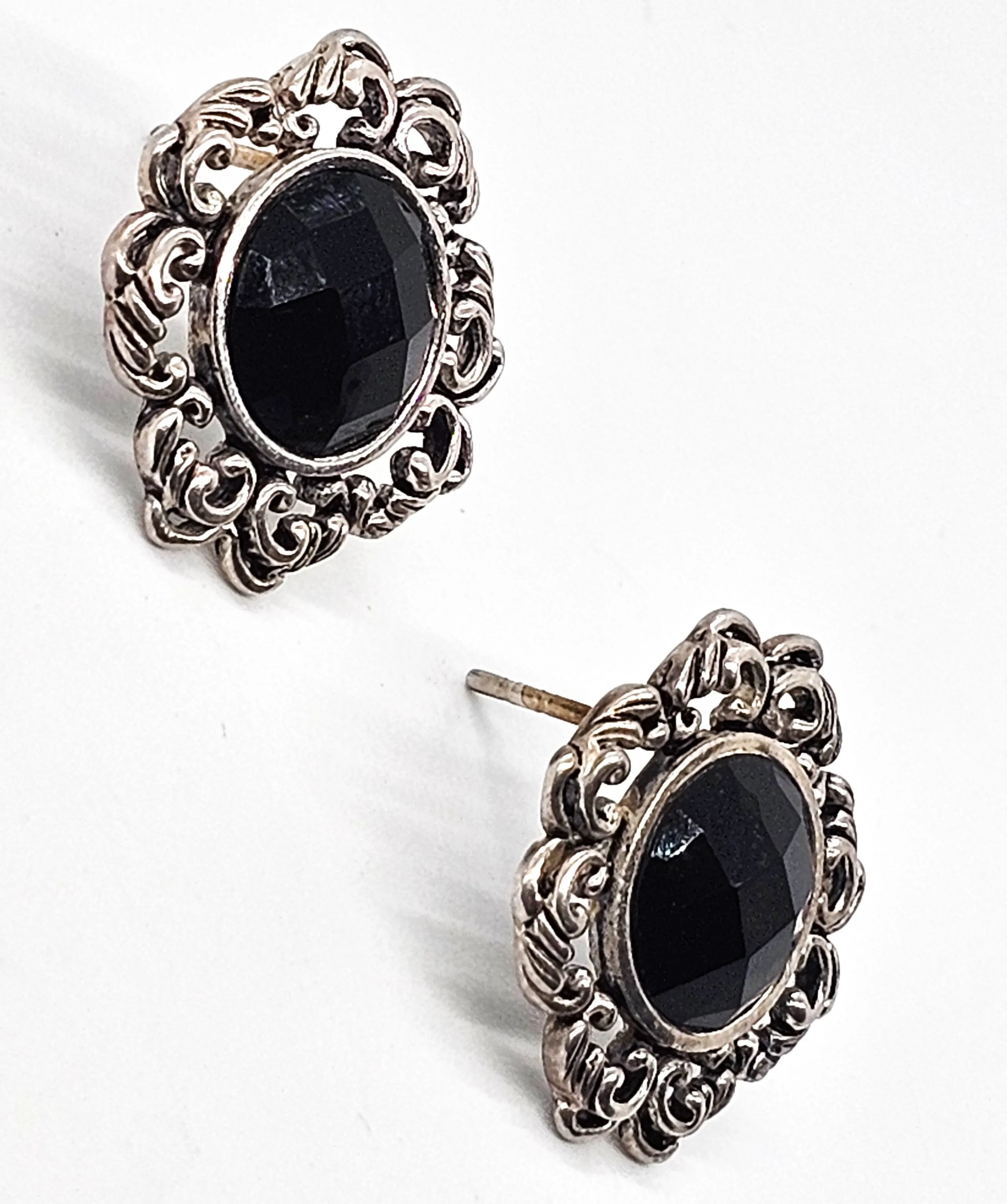 Barse signed faceted onyx and brass silver toned stud filigree earrings