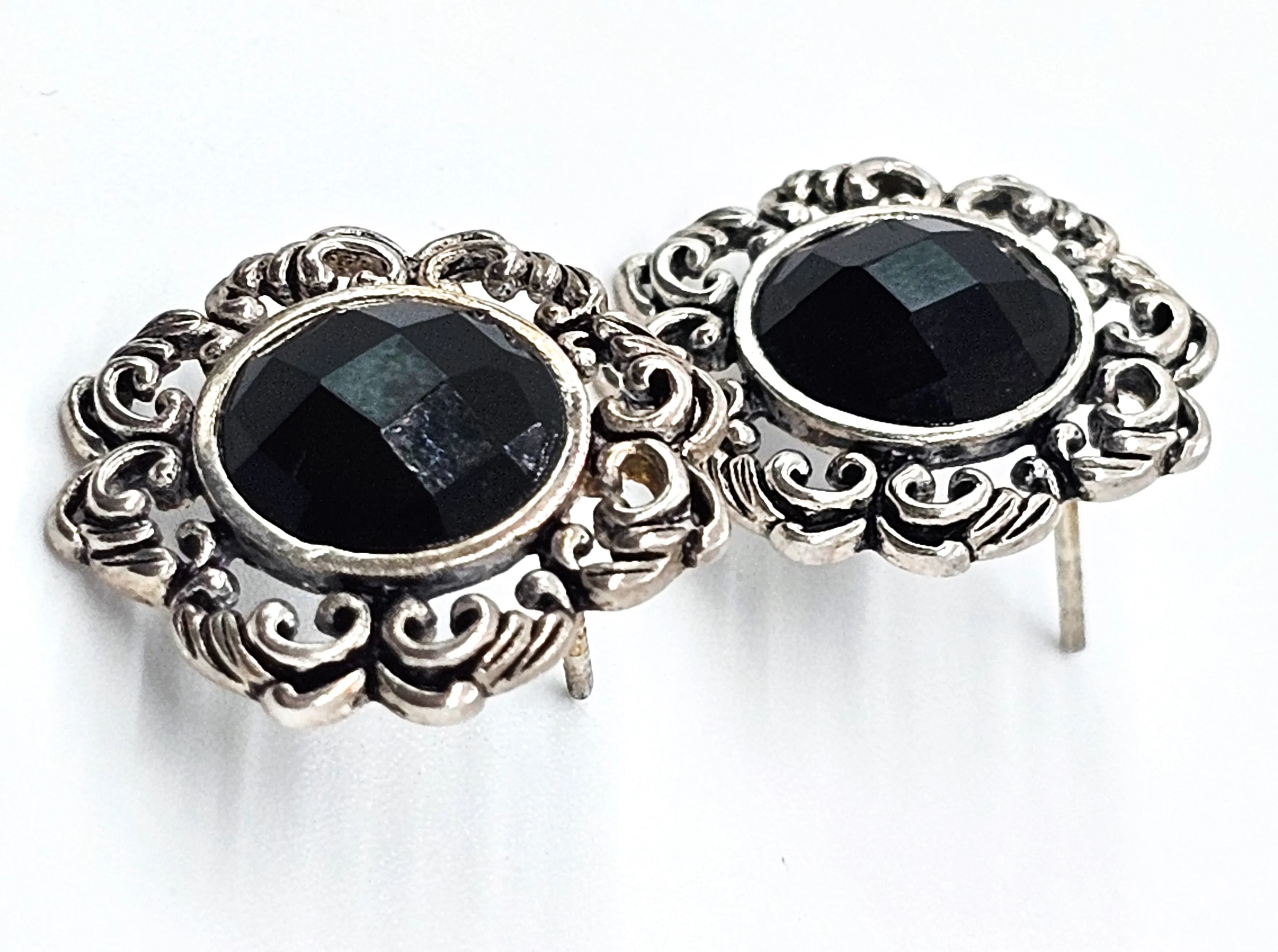 Barse signed faceted onyx and brass silver toned stud filigree earrings