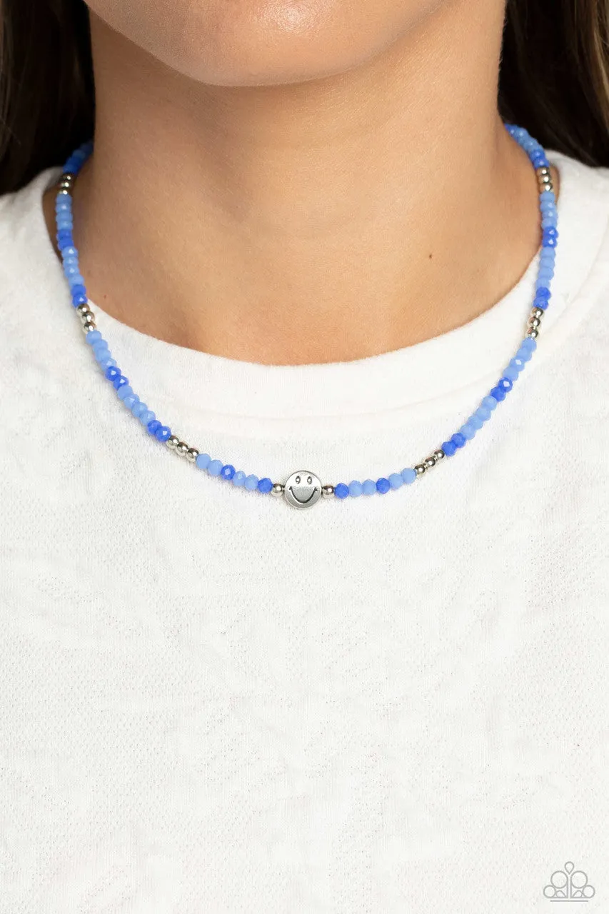 Beaming Bling - Blue - Beaded Silver Smiley Face Paparazzi Short Necklace