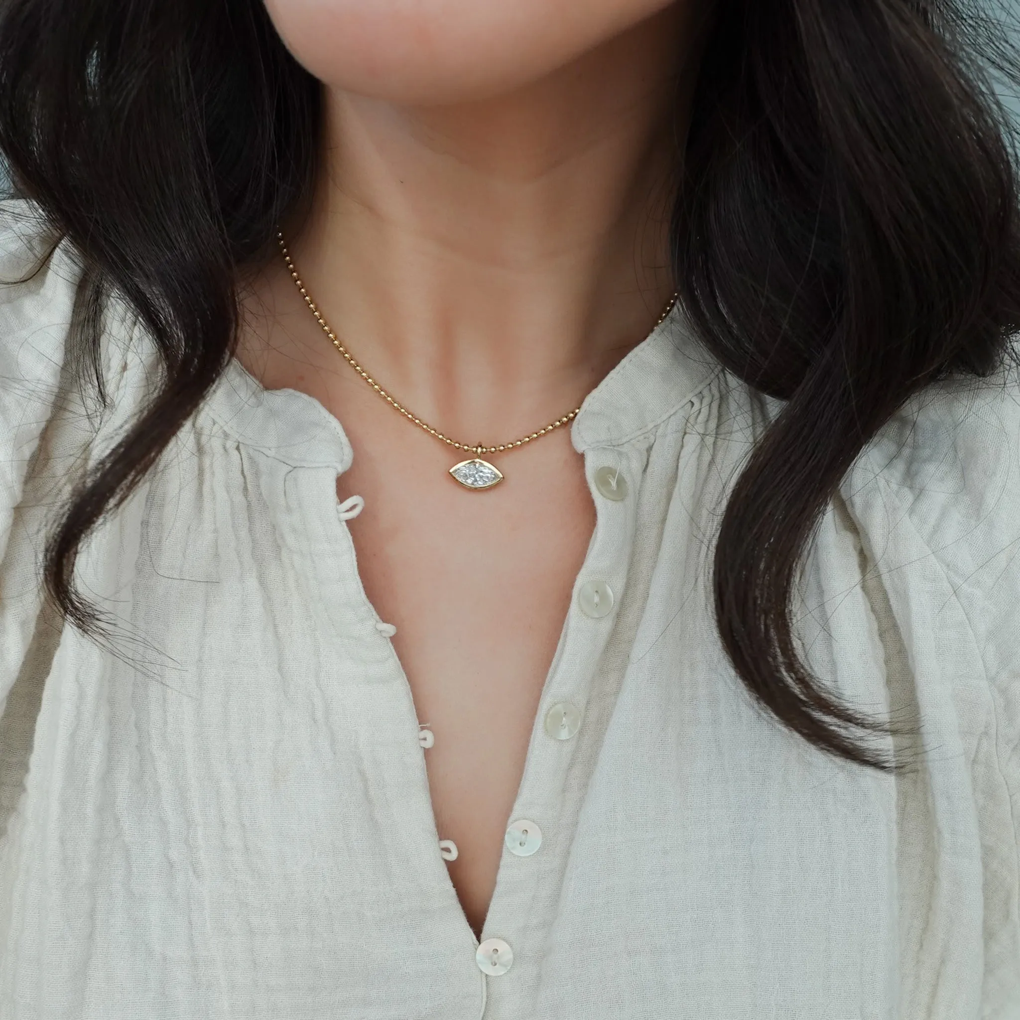 Bezel Set Pendant Beaded Necklace with East West Marquise Cut Diamond