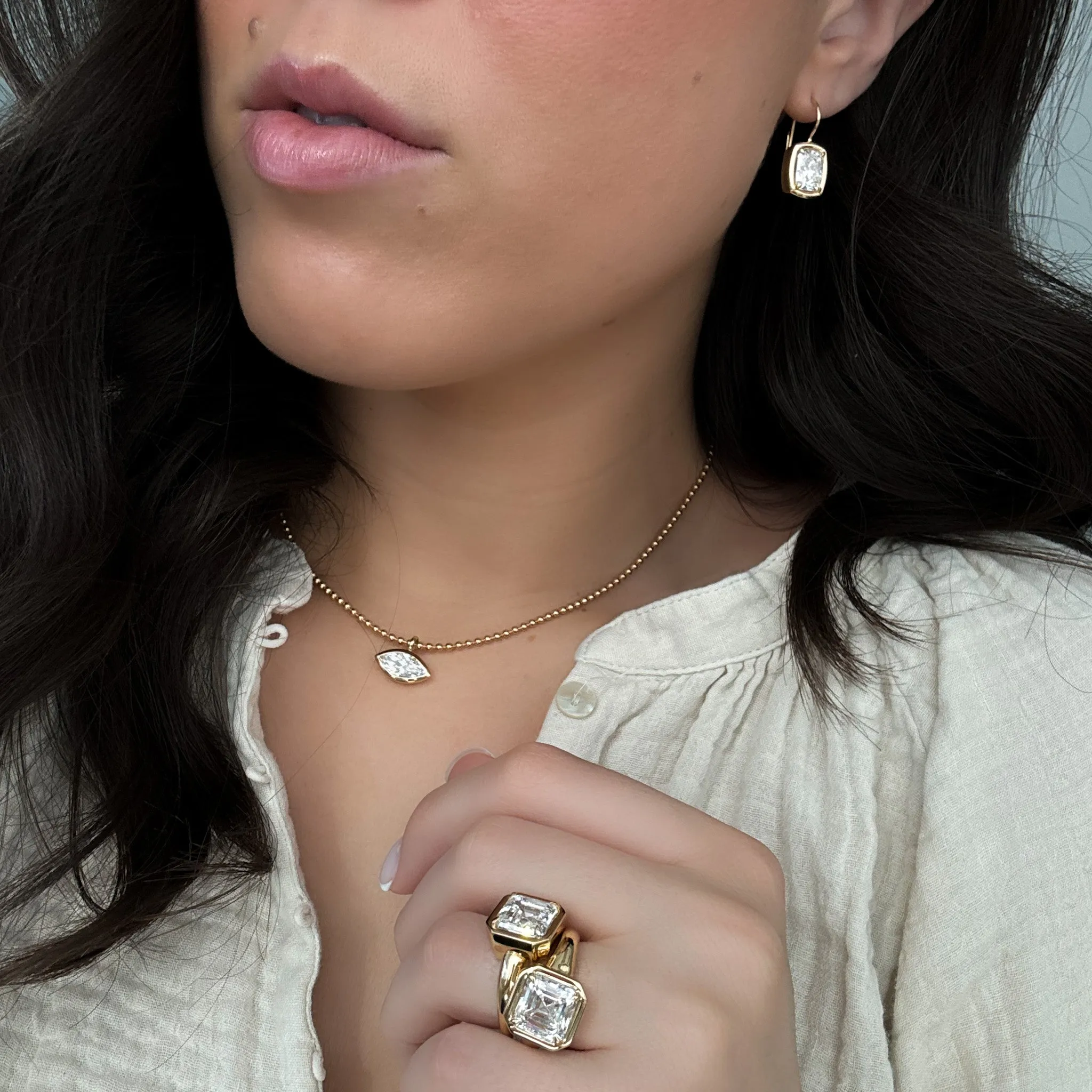 Bezel Set Pendant Beaded Necklace with East West Marquise Cut Diamond