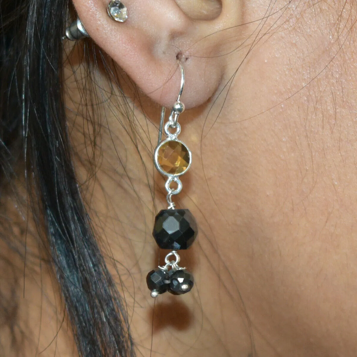 Black Diamond Dangler Chain Earrings With Citrine Gemstone, Elegant Look with Great Shine