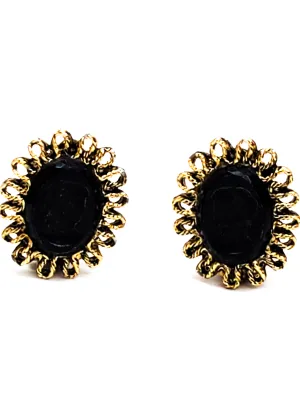 Black Glass reversed carved cameo clip on vintage earrings mid century