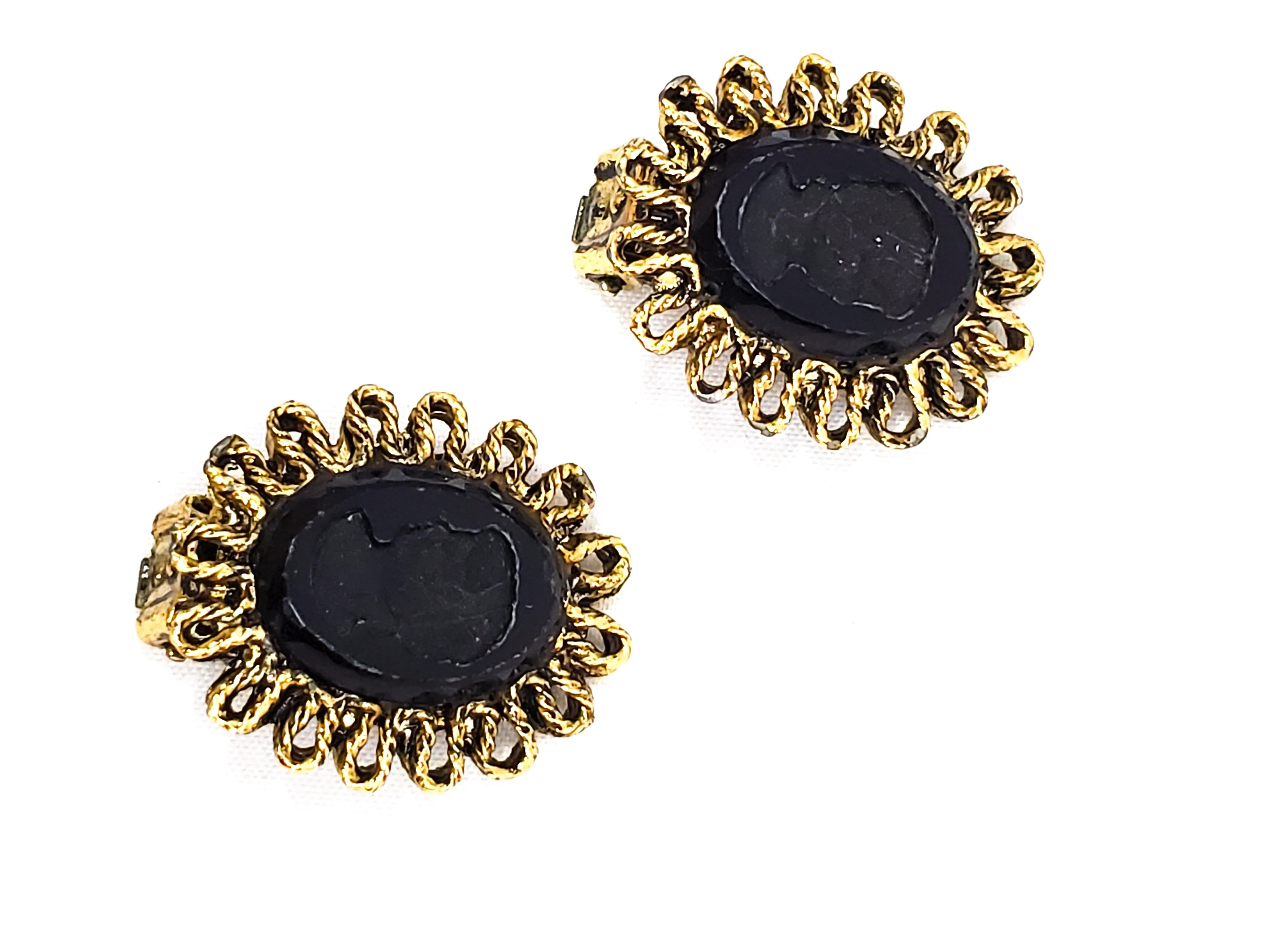Black Glass reversed carved cameo clip on vintage earrings mid century