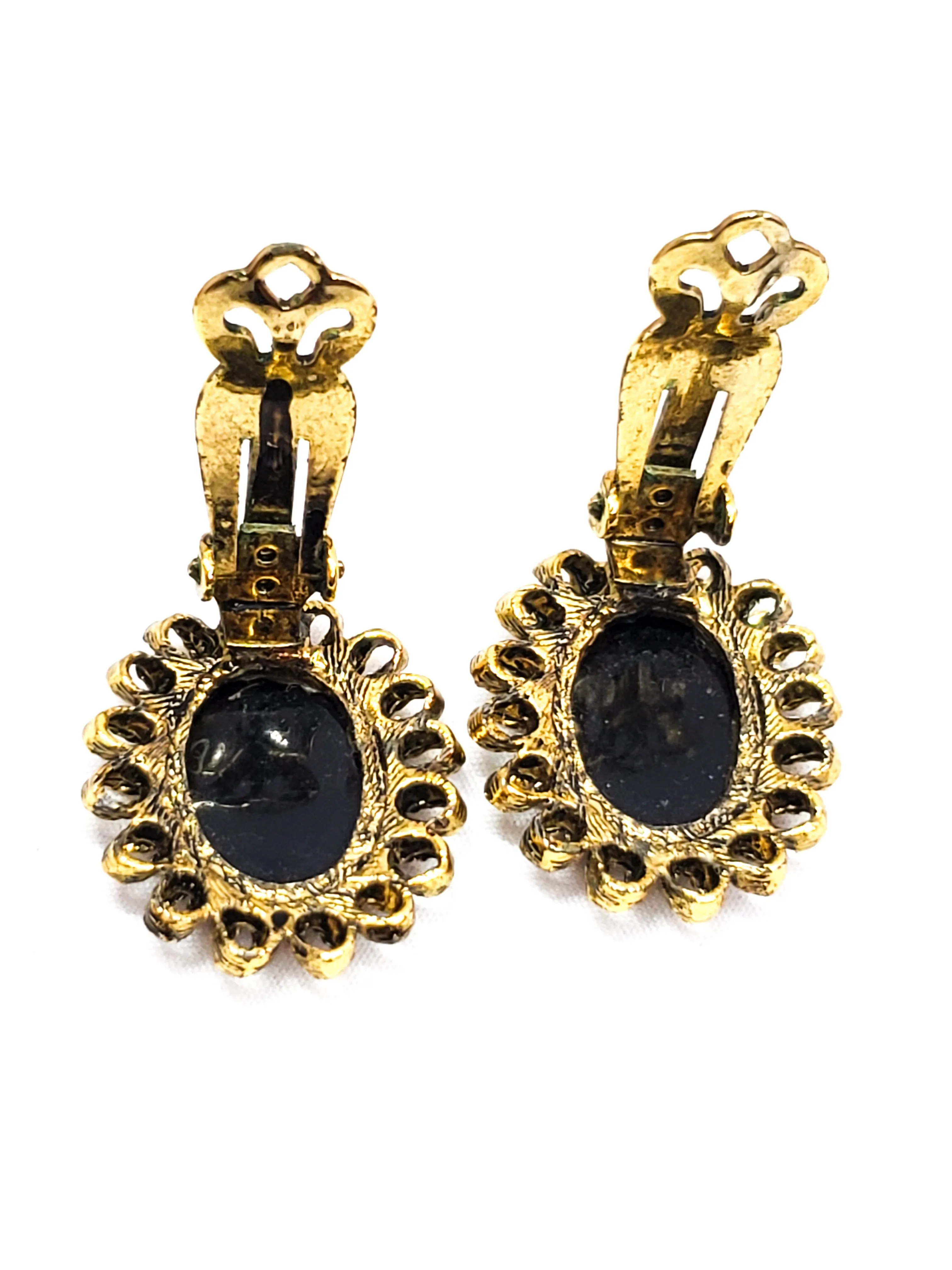 Black Glass reversed carved cameo clip on vintage earrings mid century