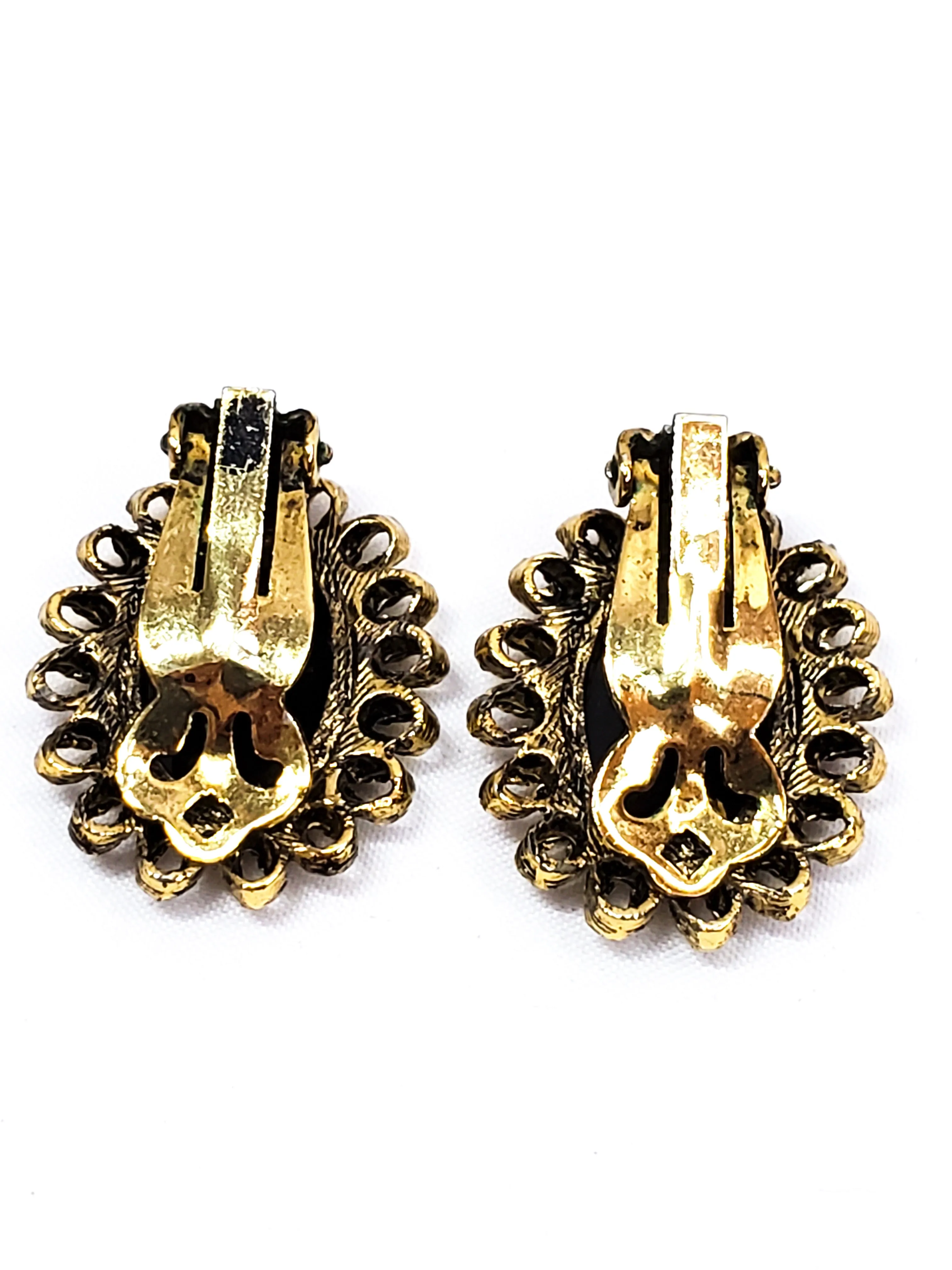 Black Glass reversed carved cameo clip on vintage earrings mid century