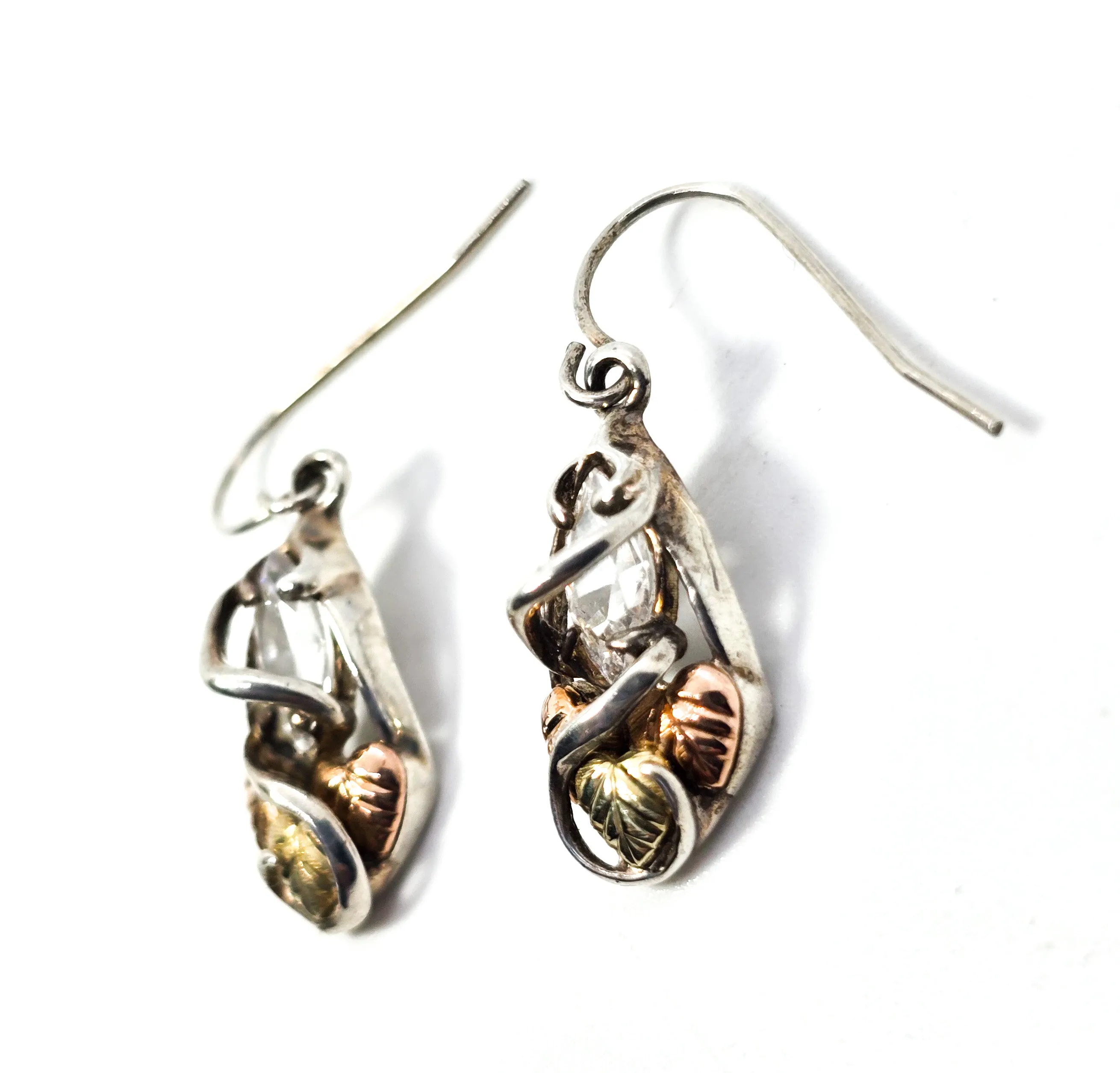 Black Hills Gold Coleman Co Green & Rose 12k gold CZ sterling silver leaf earrings