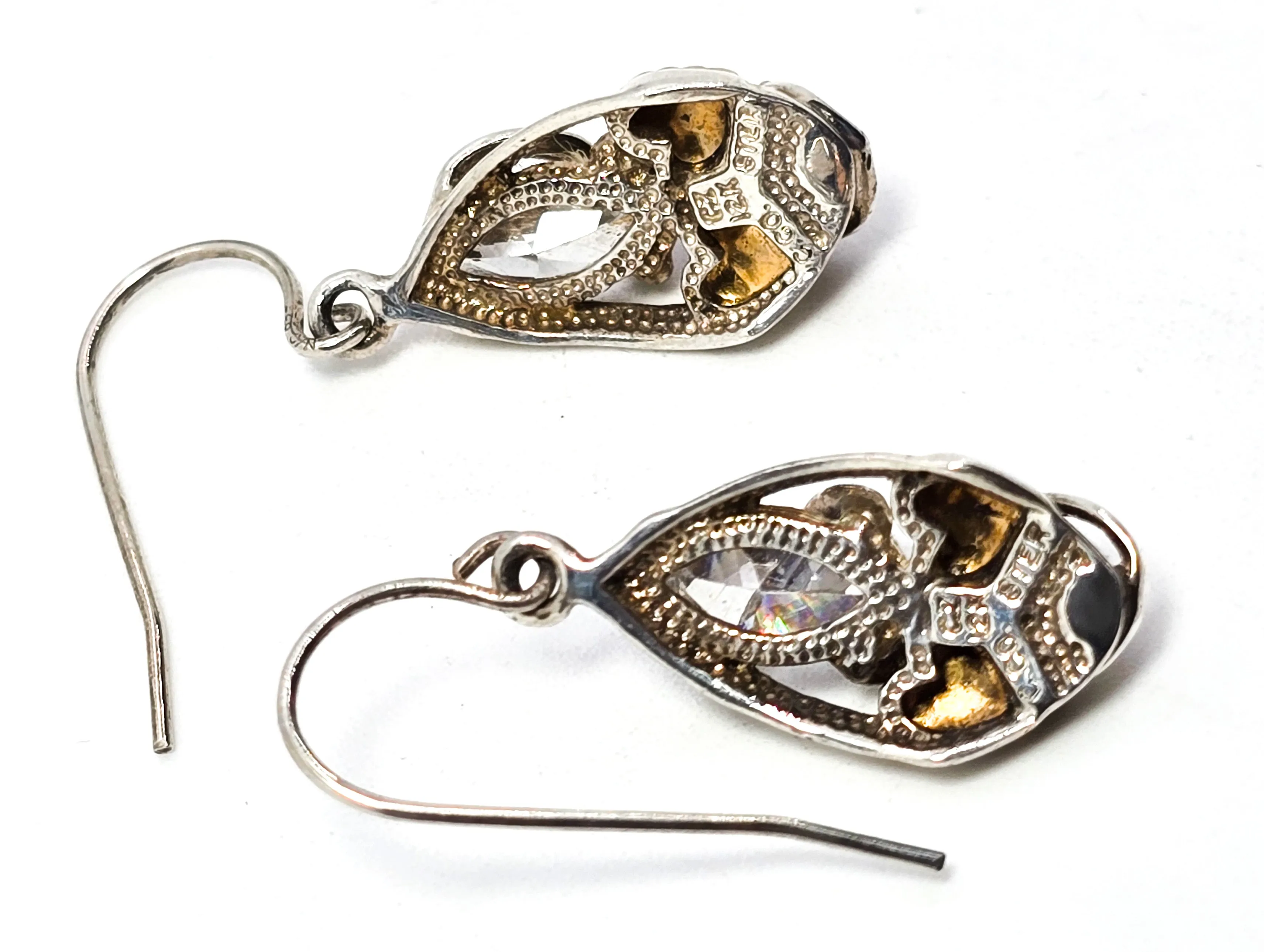 Black Hills Gold Coleman Co Green & Rose 12k gold CZ sterling silver leaf earrings