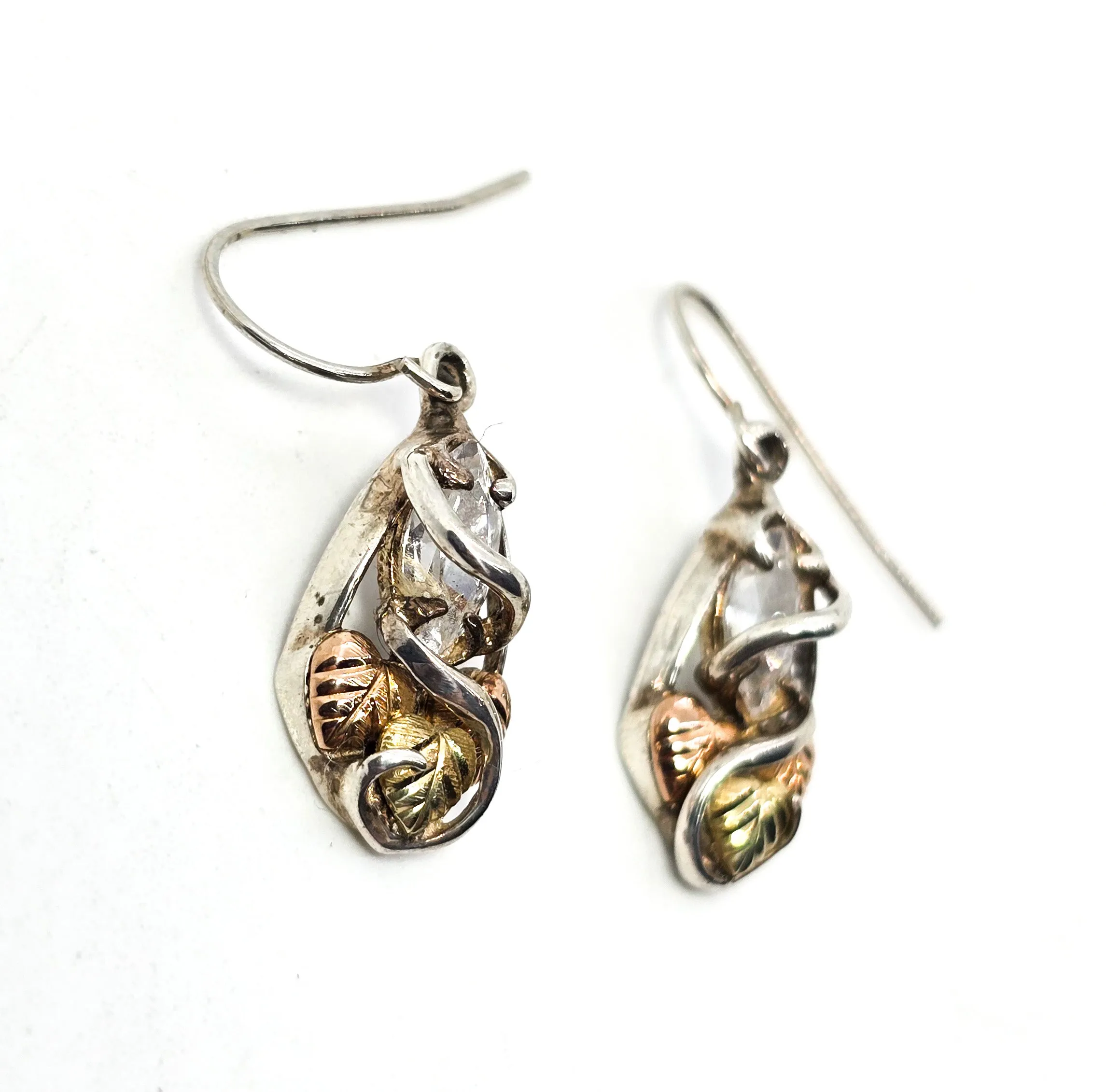 Black Hills Gold Coleman Co Green & Rose 12k gold CZ sterling silver leaf earrings
