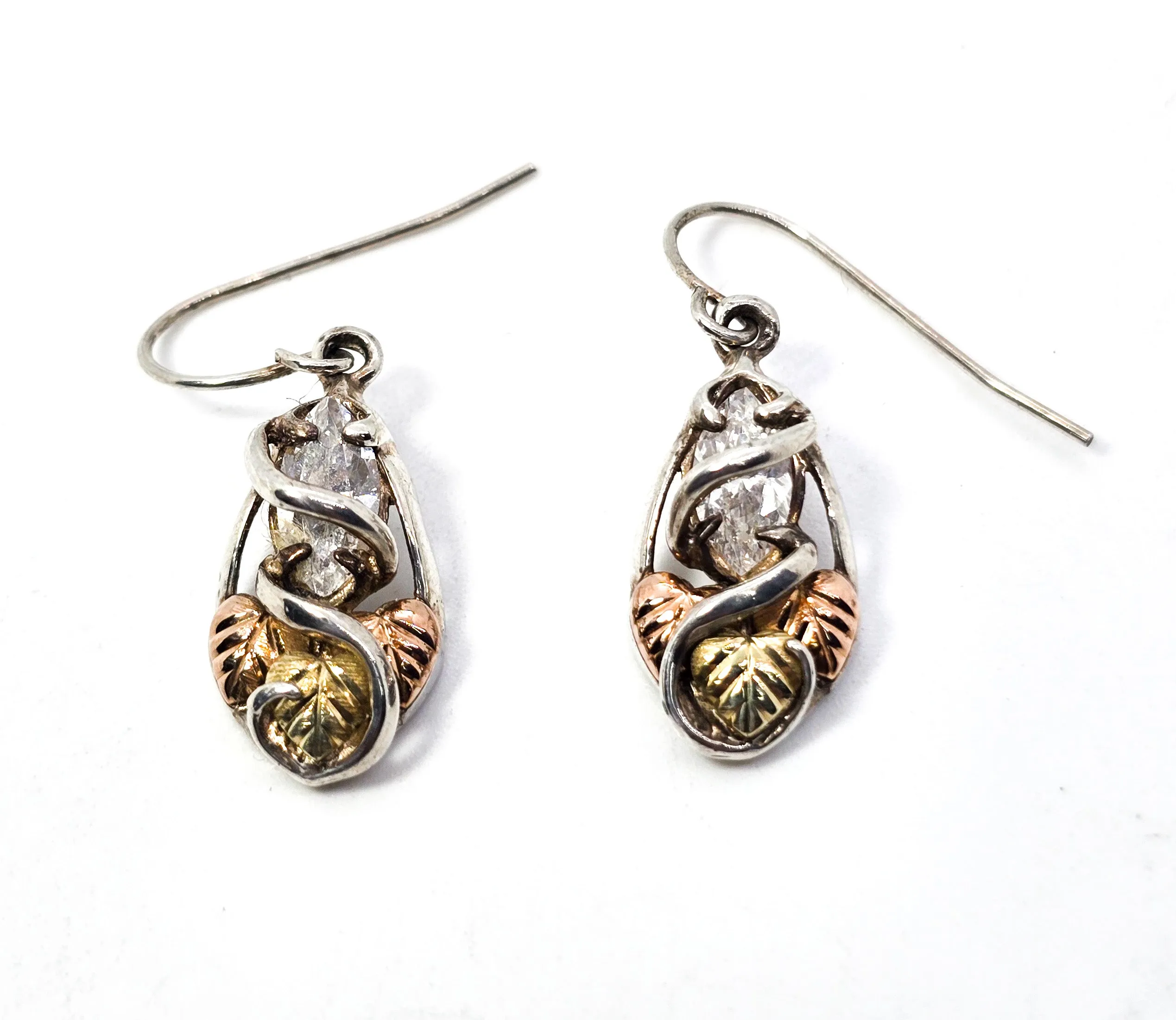 Black Hills Gold Coleman Co Green & Rose 12k gold CZ sterling silver leaf earrings
