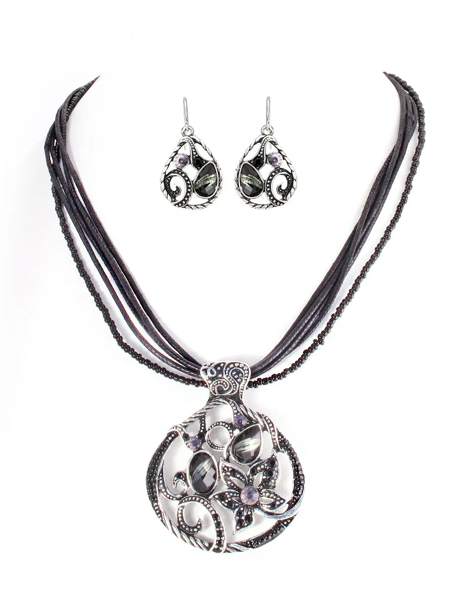 BLACK NECKLACE & EARRINGS SET  #WS23403S51_JET (SHBA8)