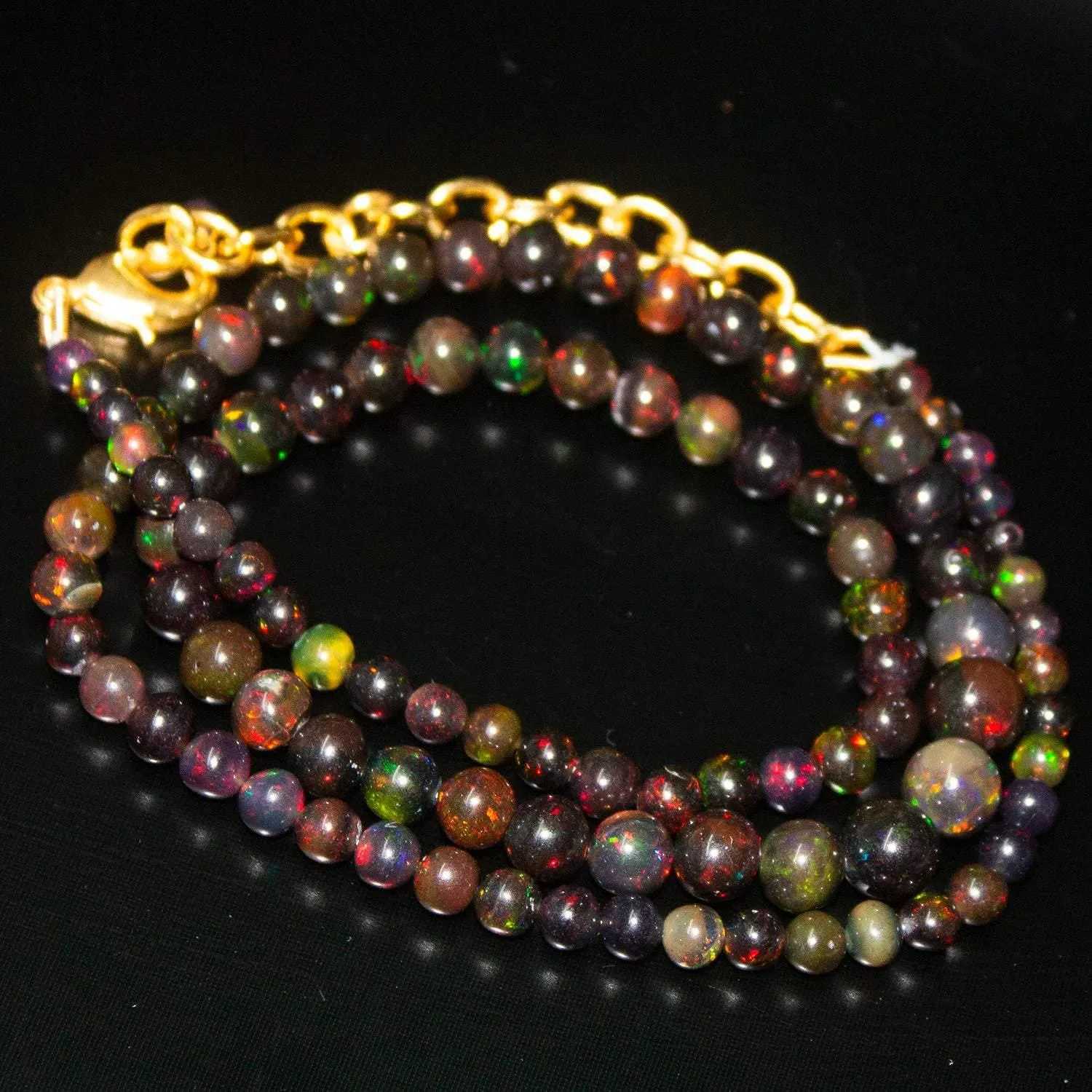 Black Opal Round Ball Gold Vermeil Gemstone Beads Necklace 3mm 7mm 19"