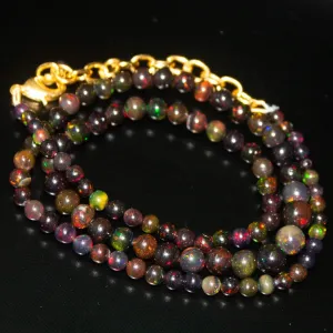 Black Opal Round Ball Gold Vermeil Gemstone Beads Necklace 3mm 7mm 19"