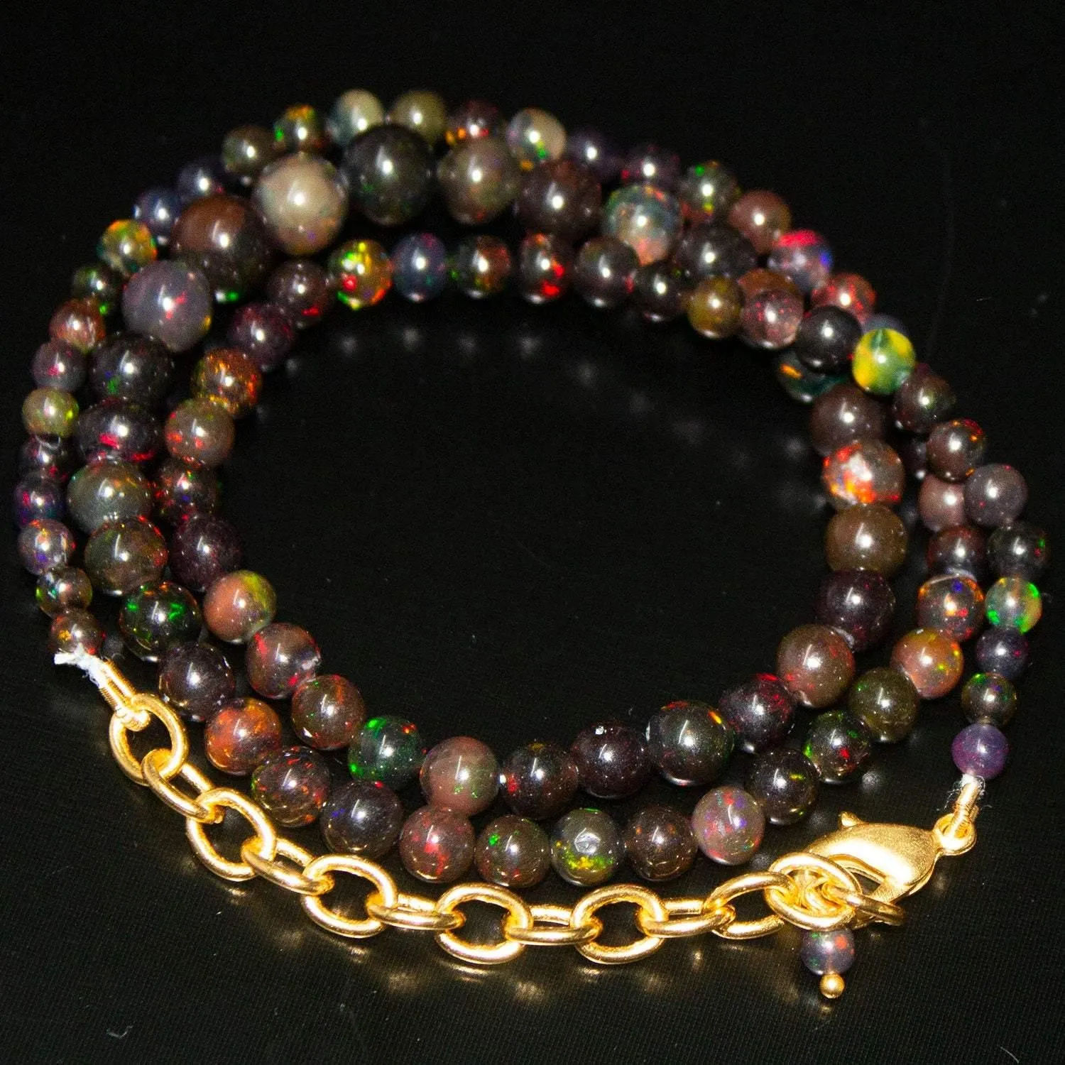 Black Opal Round Ball Gold Vermeil Gemstone Beads Necklace 3mm 7mm 19"